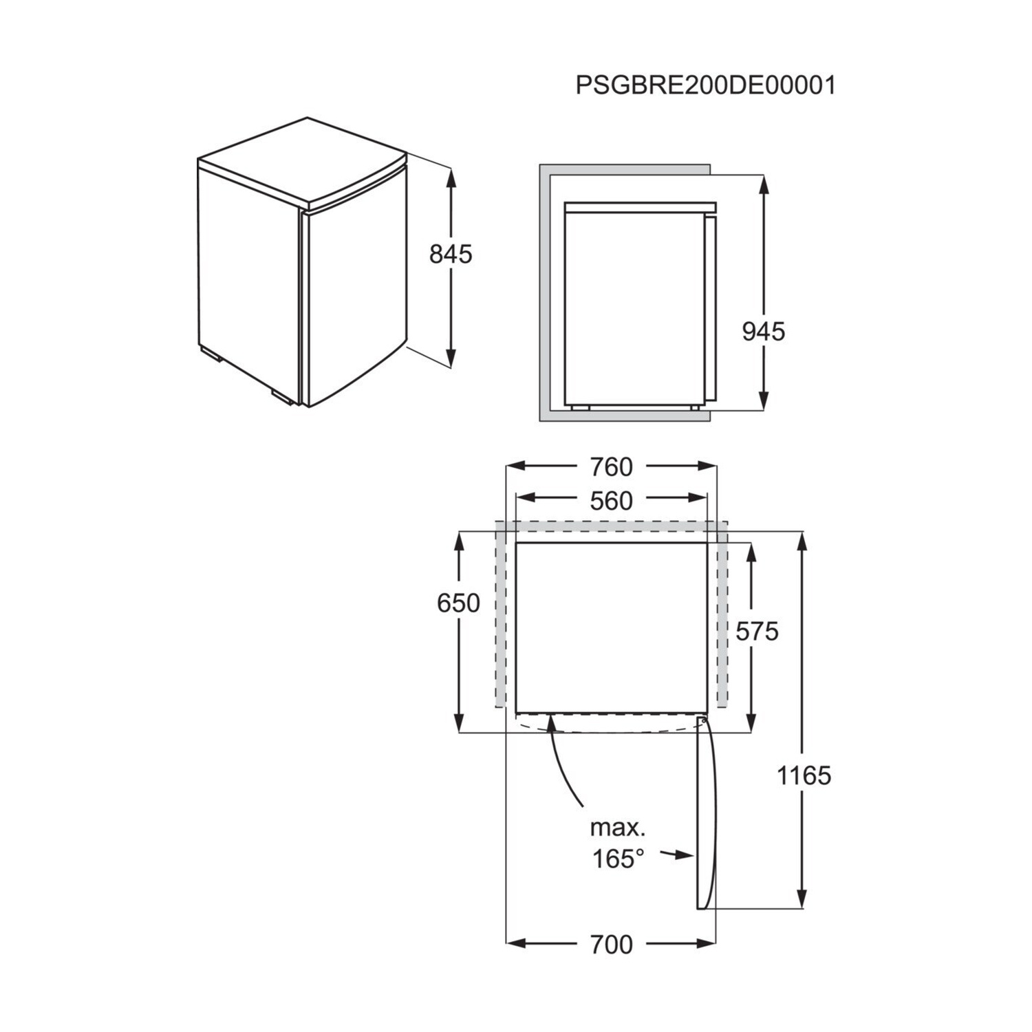 Disegno tecnico di un frigorifero con dimensioni.