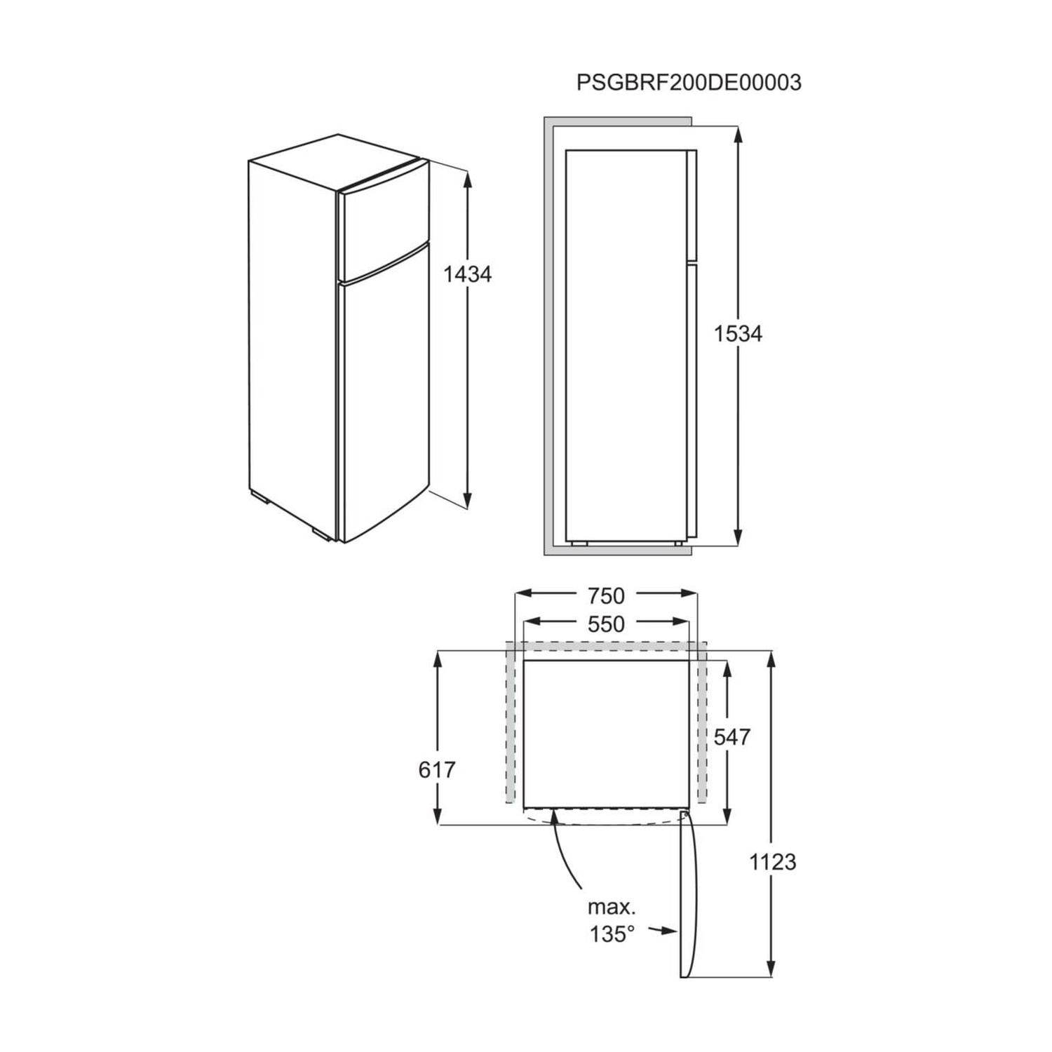 Disegno tecnico di un frigorifero con dimensioni di altezza, larghezza e profondità.