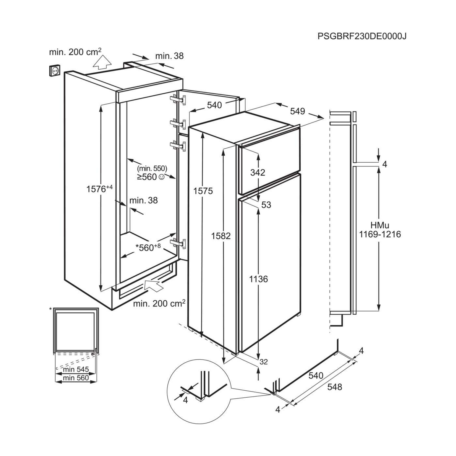 Disegno tecnico di un frigorifero con dimensioni e dettagli di installazione.
