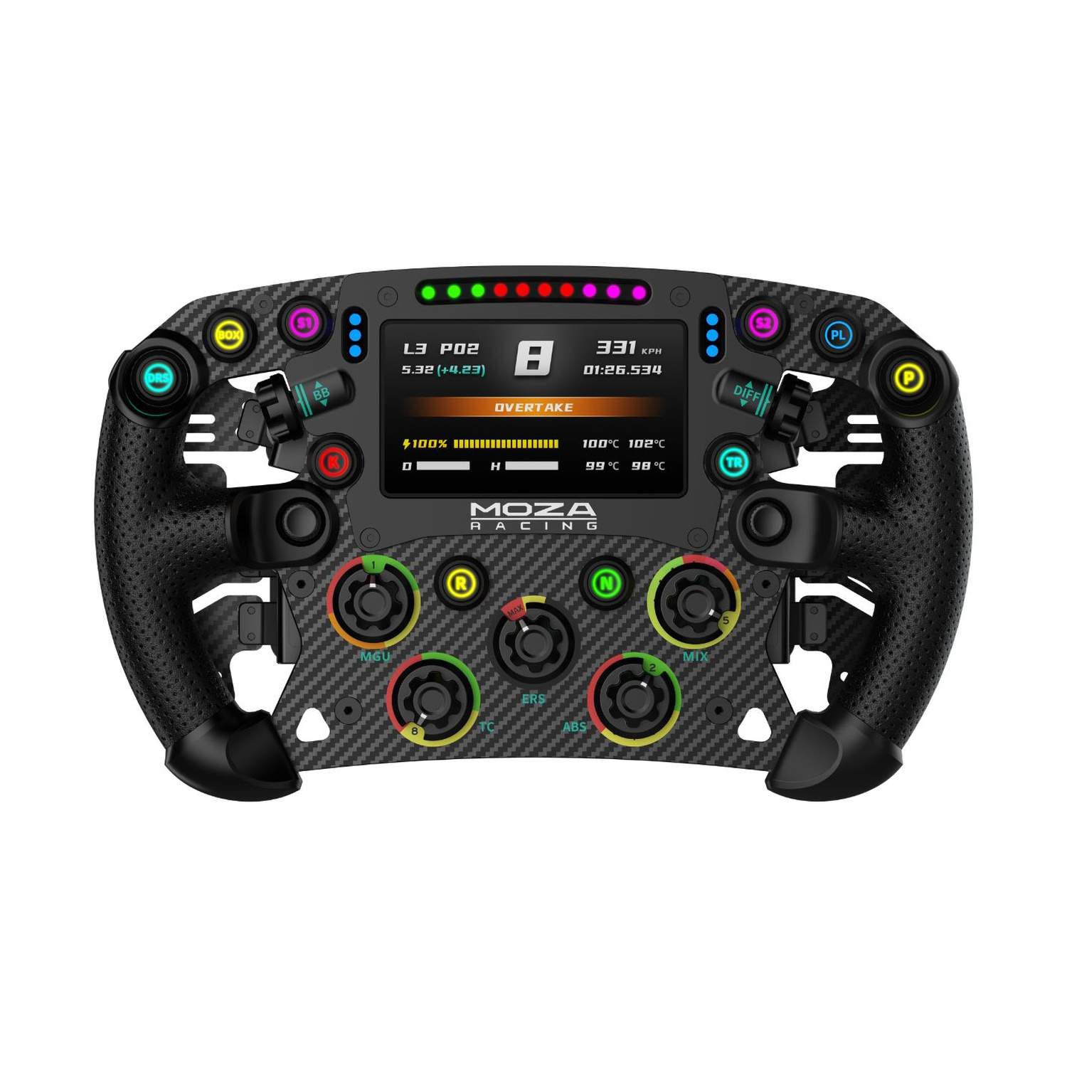 Un volante da corsa nero con display digitale e molti pulsanti e manopole.