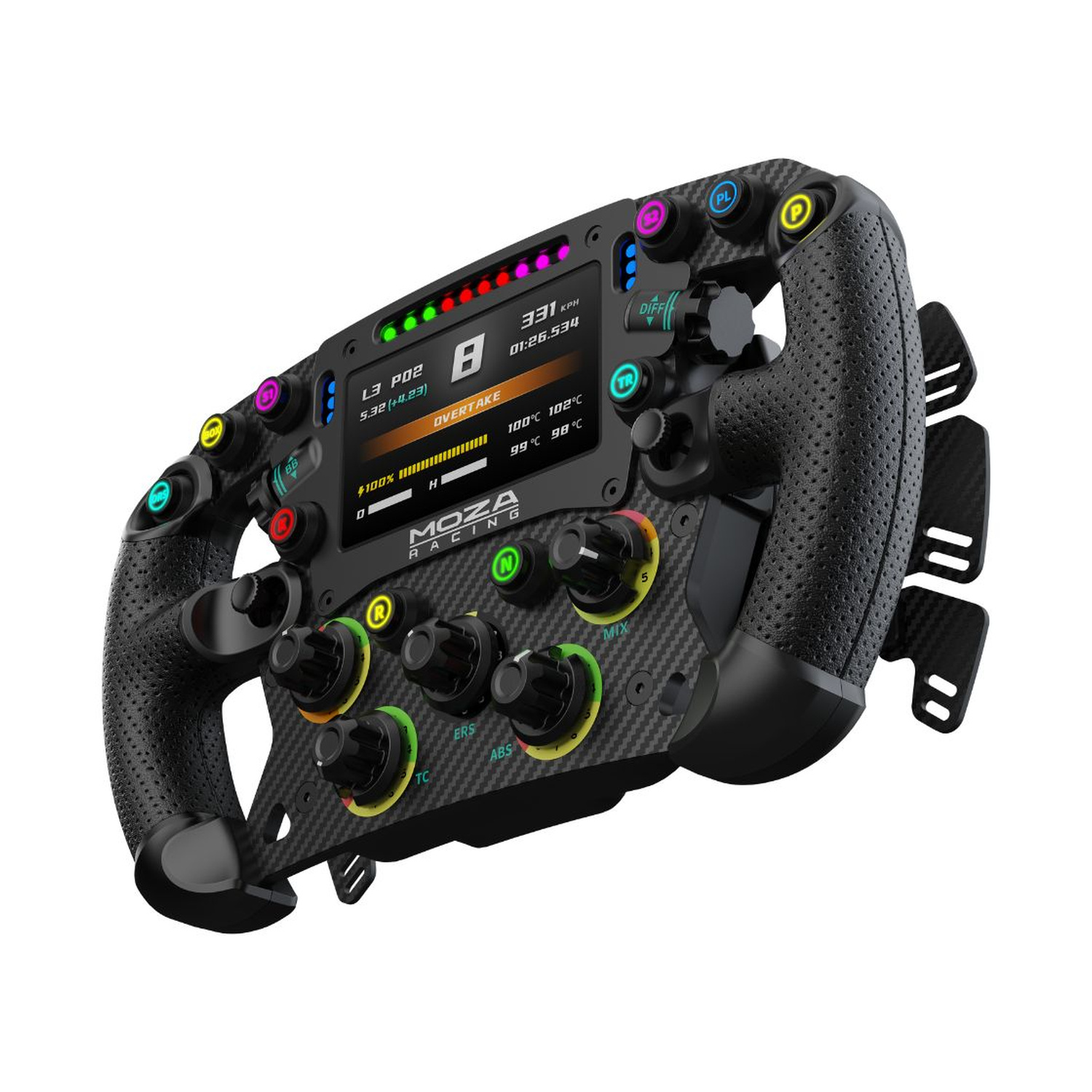 Un volante da corsa nero con display digitale e molti pulsanti.