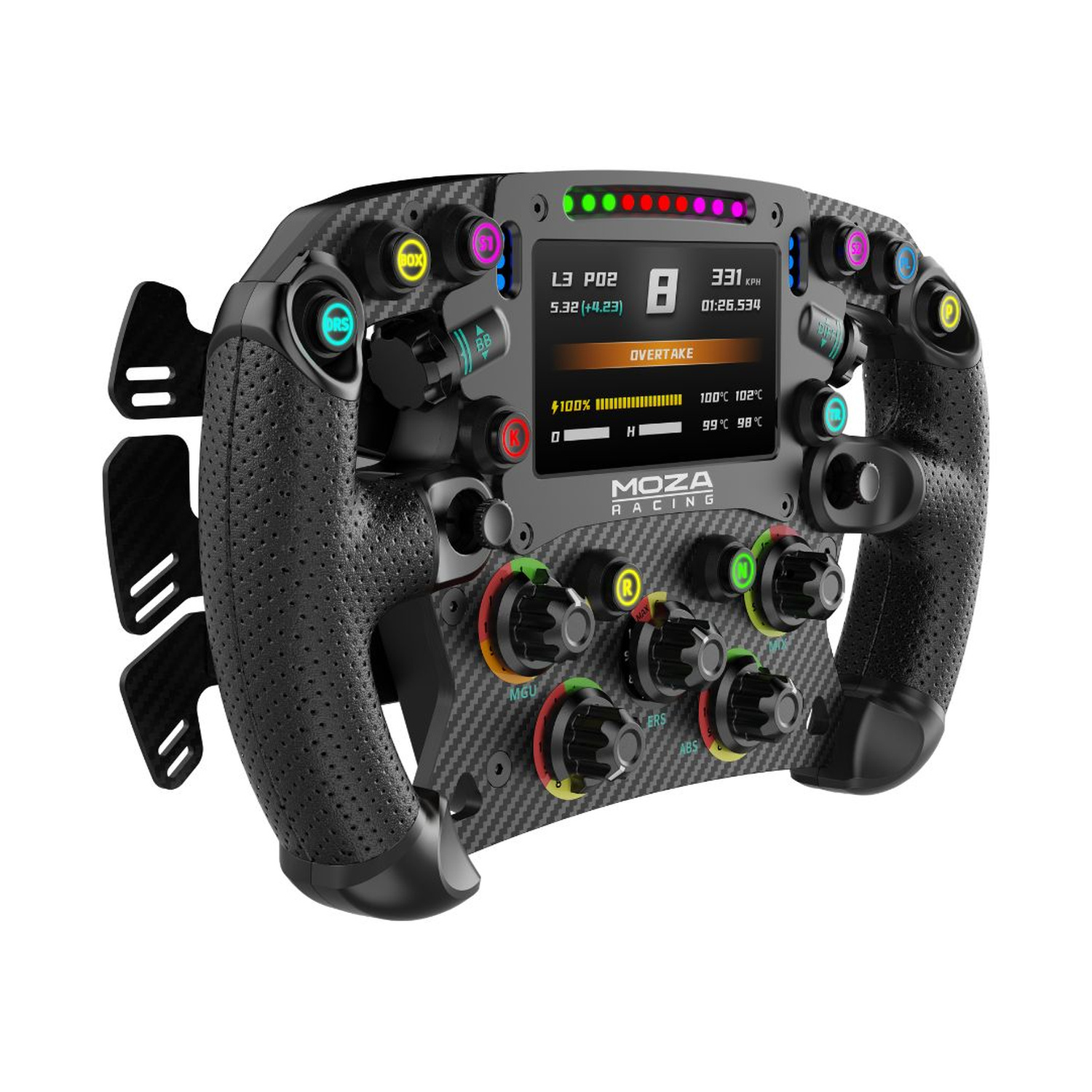 Un volante da corsa nero con molti pulsanti e un display. Luci verdi, rosse e viola in alto.