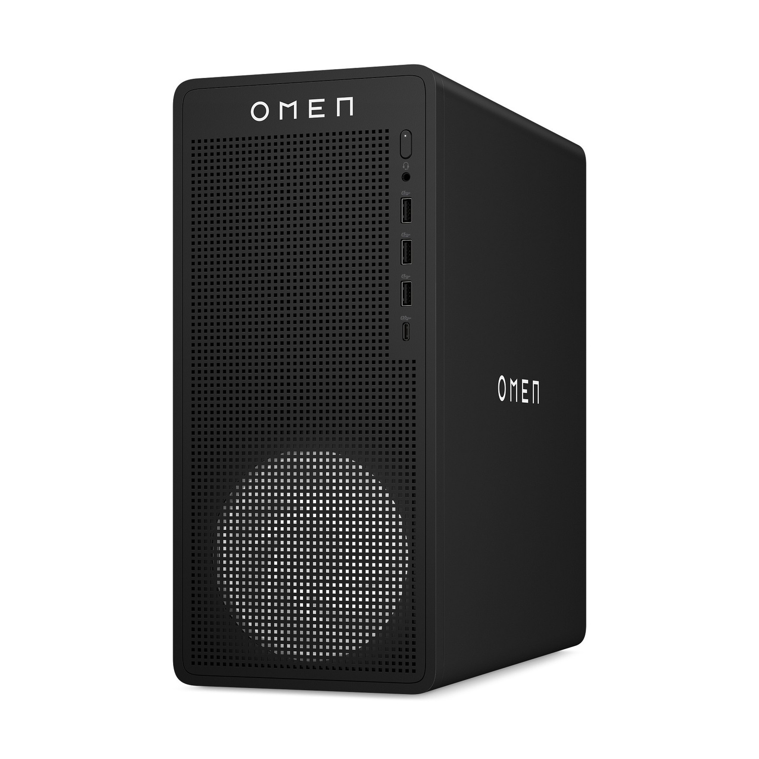 PC desktop OMEN nero con griglia di ventilazione e porte USB.