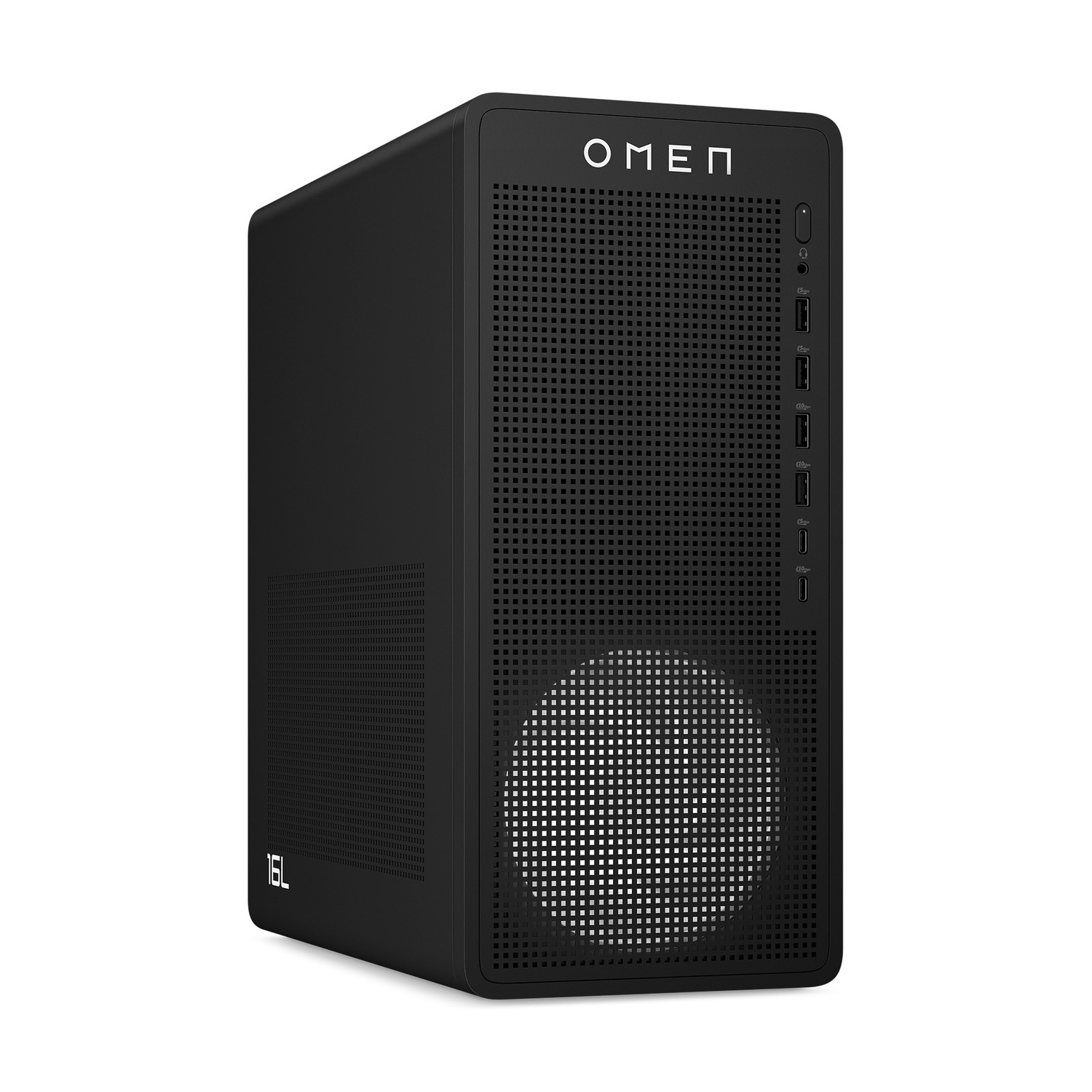 Case PC OMEN nero con frontale forato, porte USB laterali e logo '16L'.
