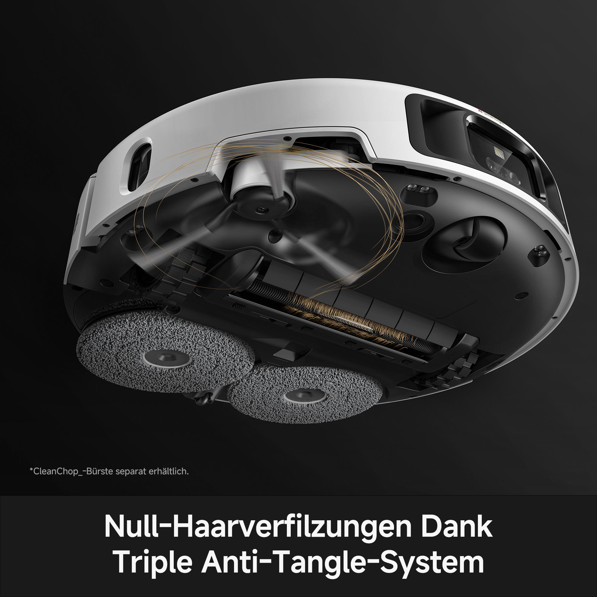 Unteransicht eines Saugroboters mit rotierenden Bürsten und einem Triple Anti-Tangle-System.