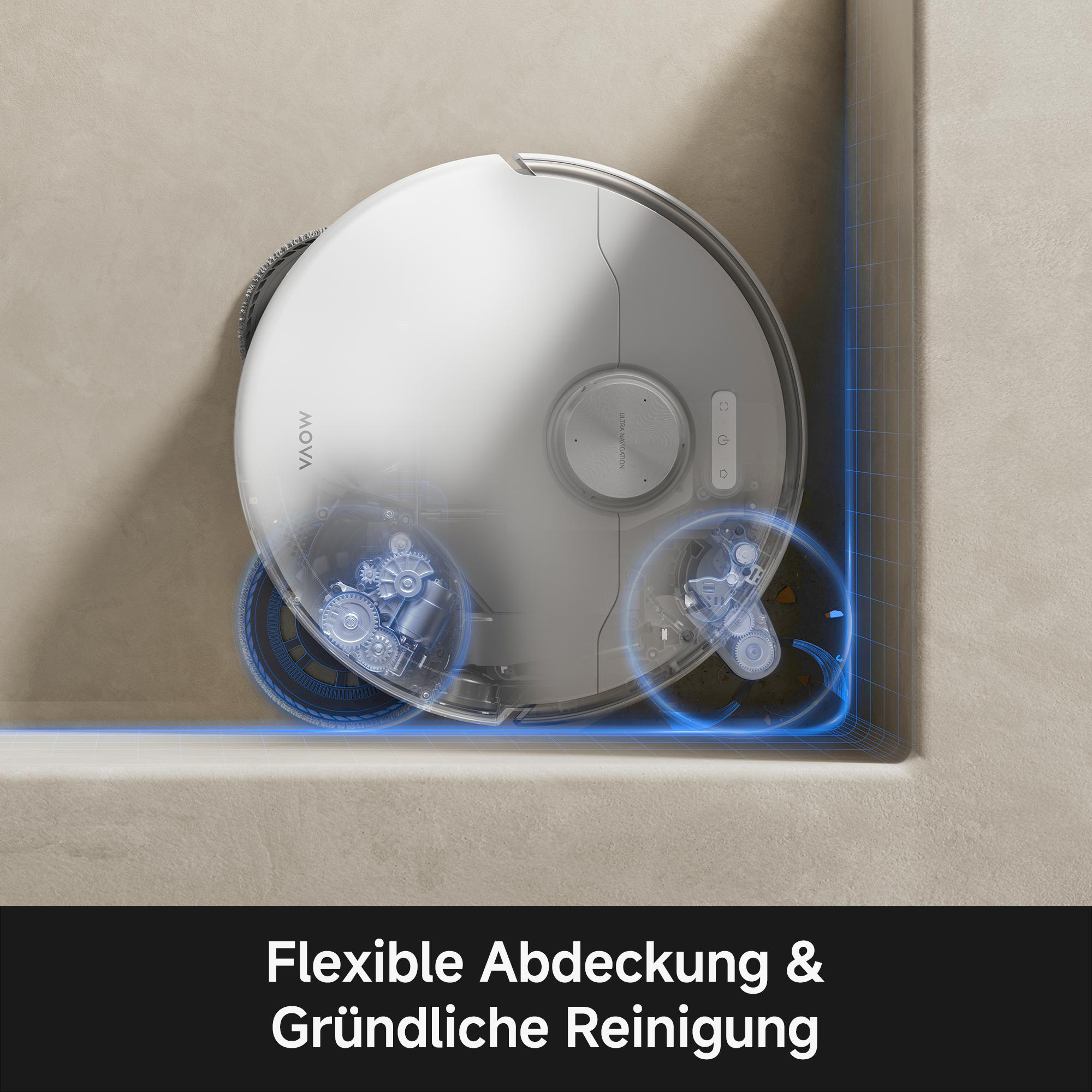 Ein weißer Saugroboter mit blauer Umrandung auf einem beigen Untergrund.