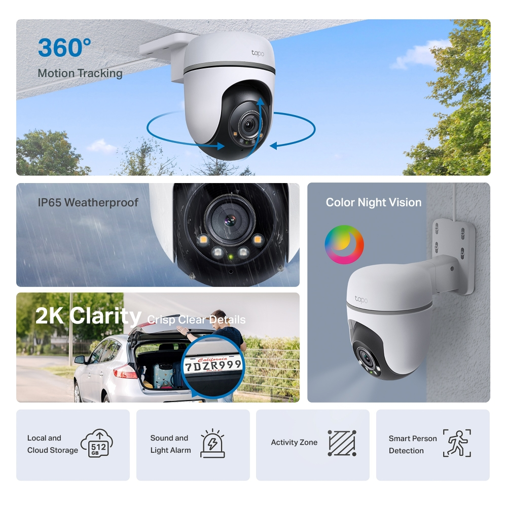 Eine Überwachungskamera mit 360°-Bewegungsverfolgung, IP65, 2K-Klarheit, Farb-Nachtsicht.