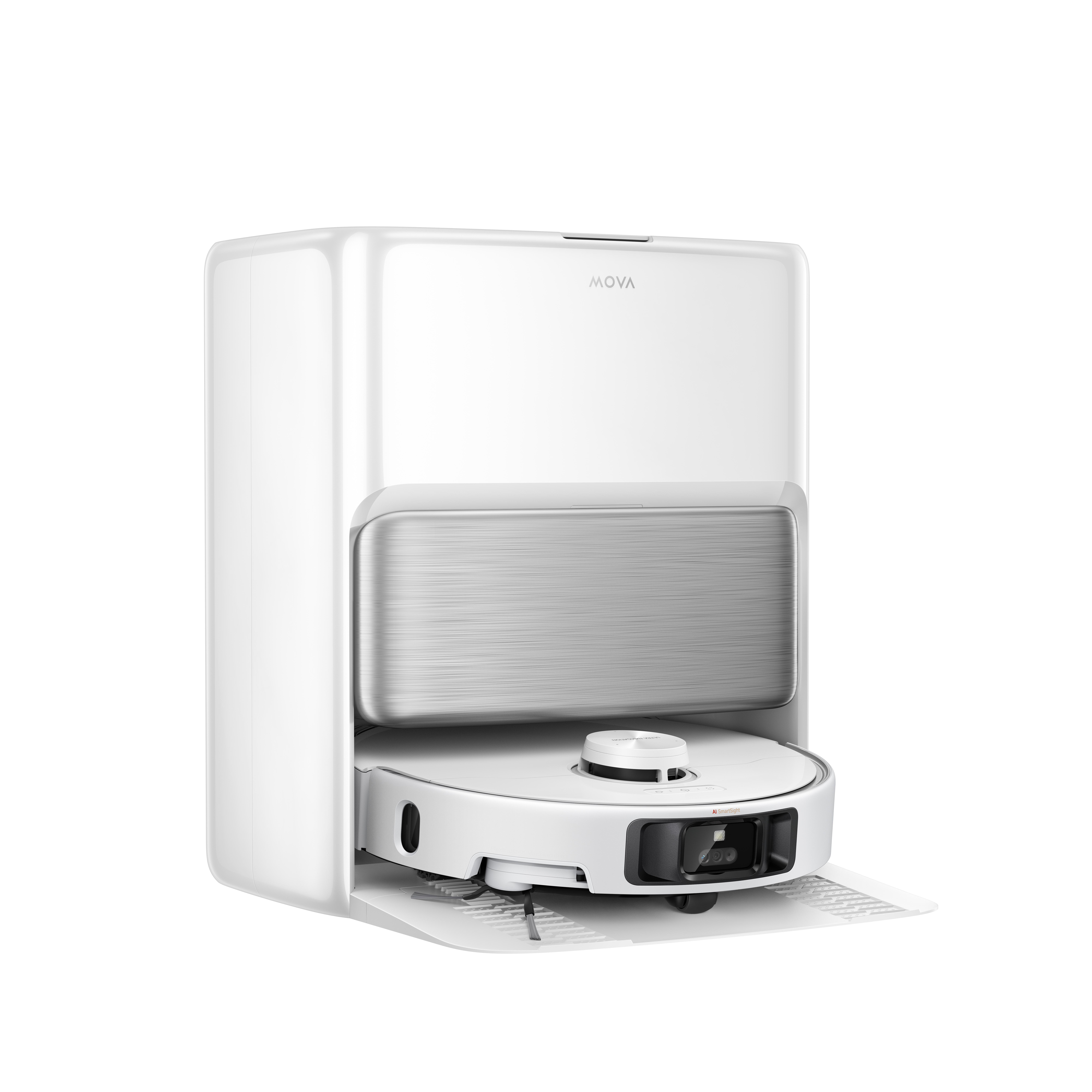 Ein weißer Saugroboter mit Ladestation. Der Roboter fährt auf eine Rampe.
