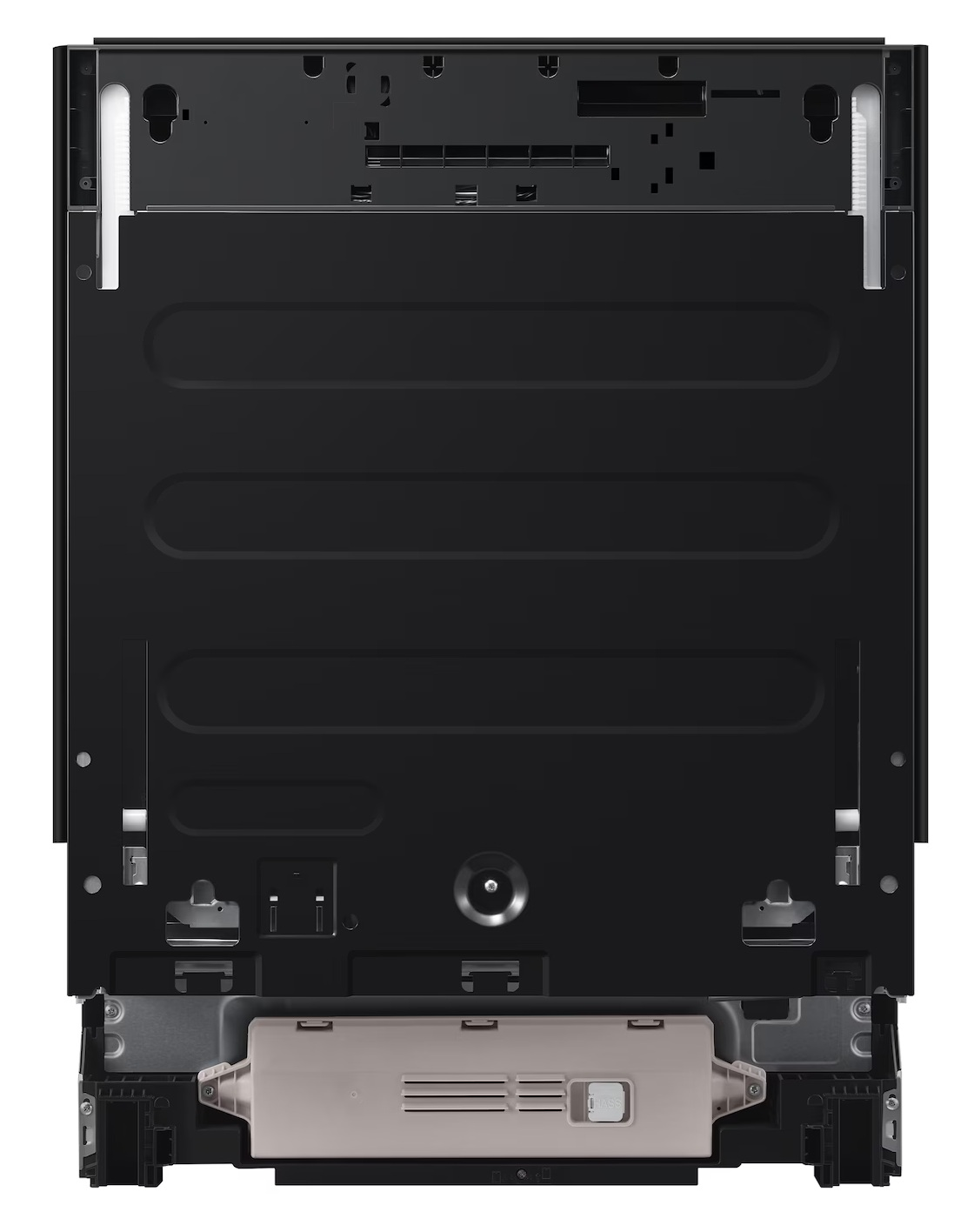 Tył czarnej zmywarki z metalowymi i plastikowymi elementami.