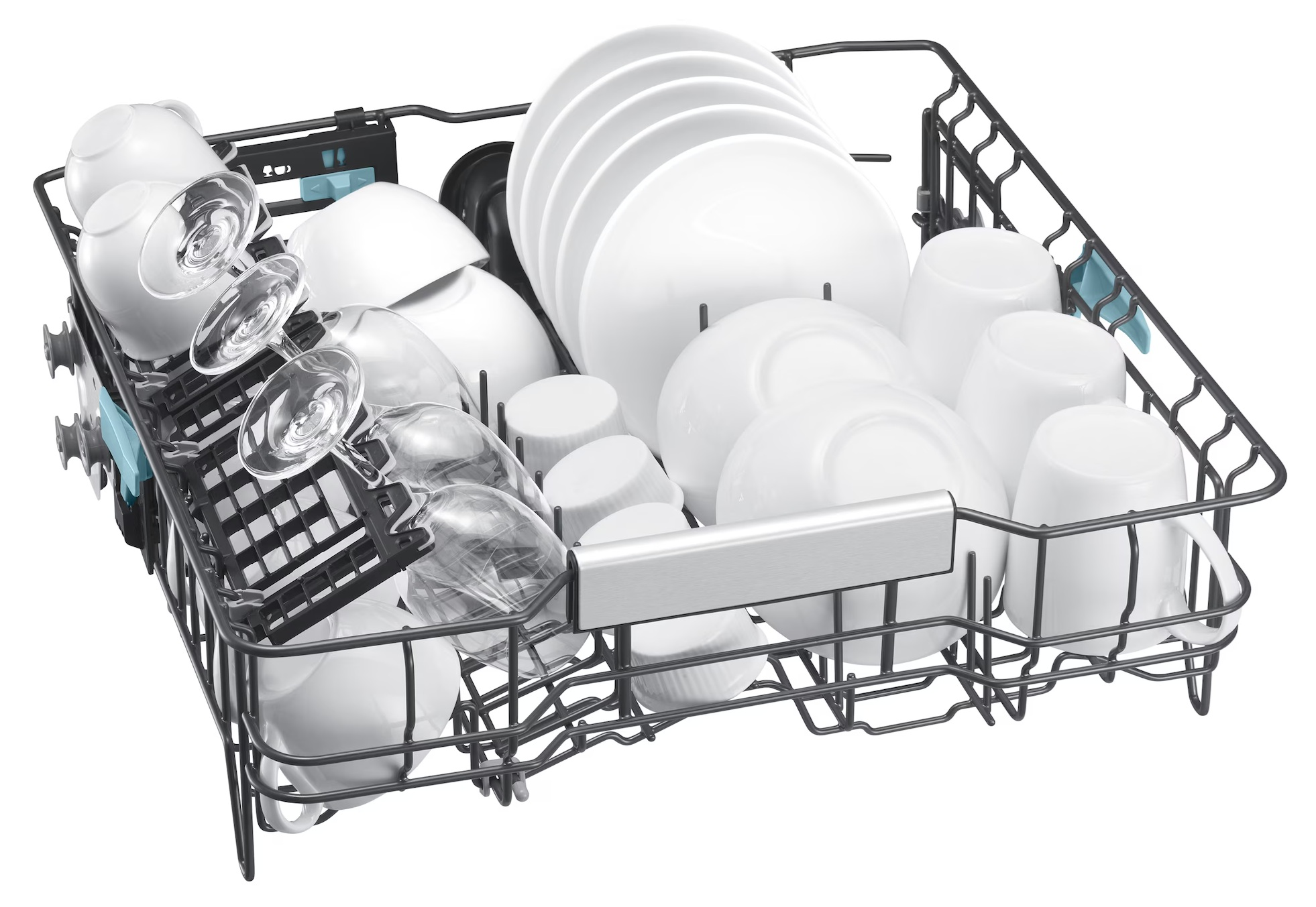 Górny kosz zmywarki wypełniony białymi talerzami, miskami, kubkami i kieliszkami.