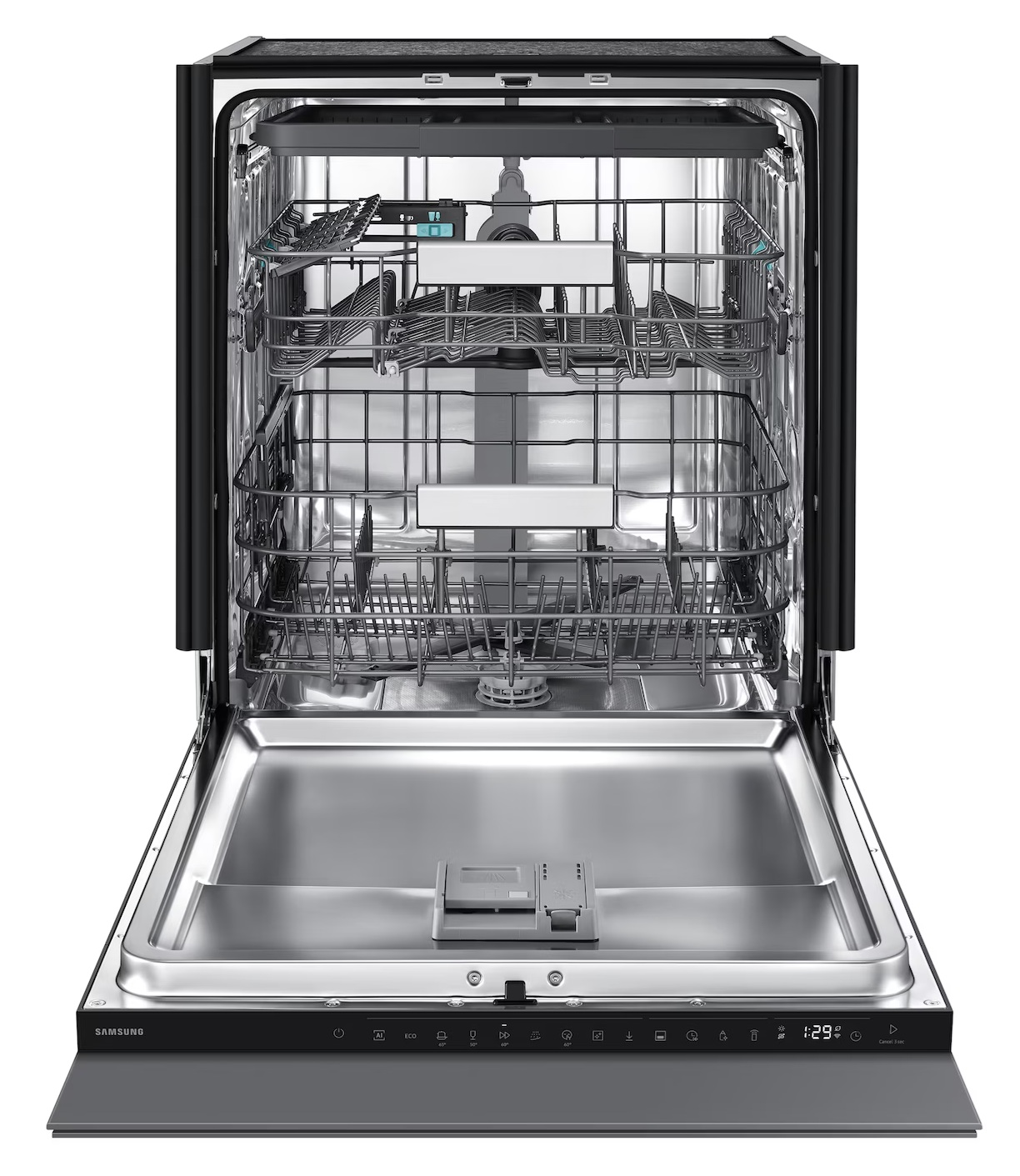 Otwarta zmywarka z dwoma koszami, szufladą na sztućce i srebrnym panelem.