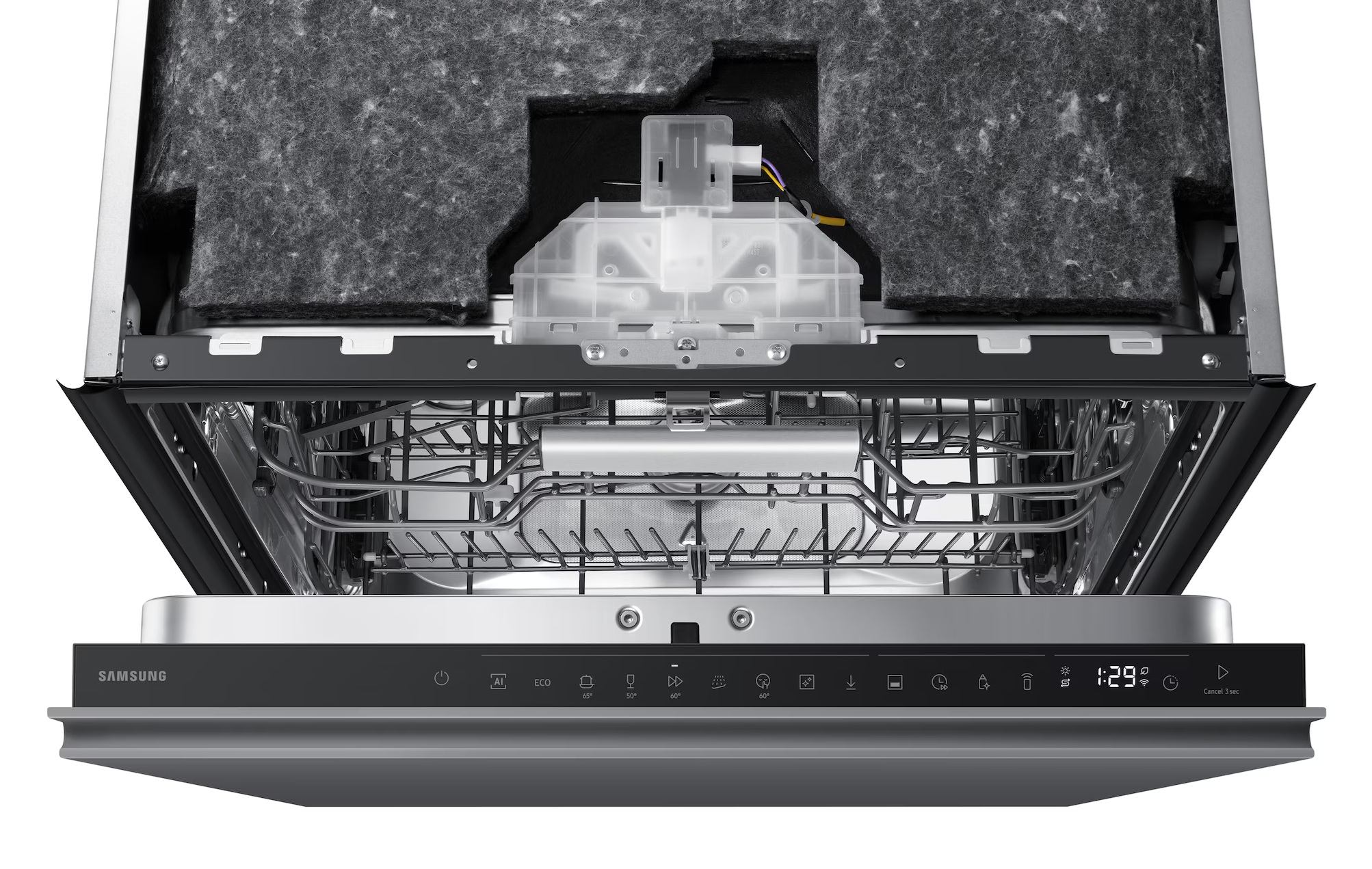 Otwarta zmywarka z koszami, panelem sterowania i izolacją.