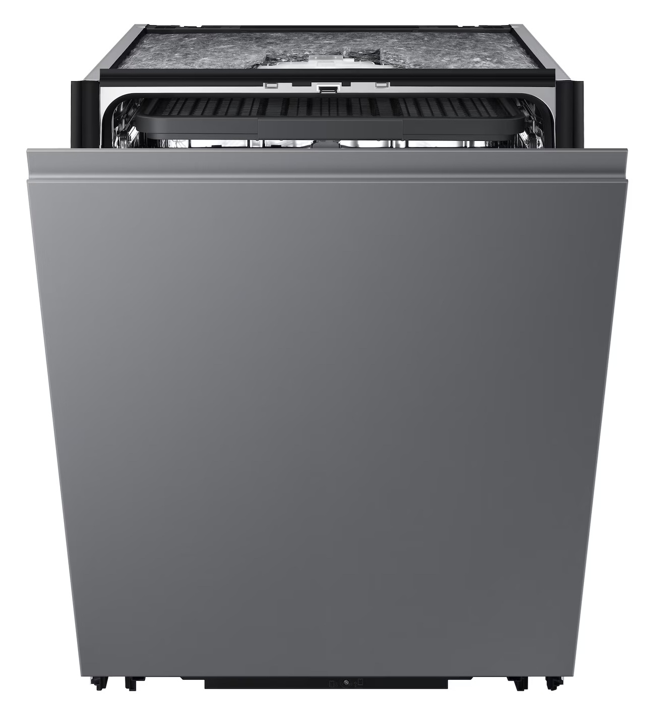 Nowoczesna, szara zmywarka z częściowo otwartymi drzwiami, ukazującymi wnętrze.