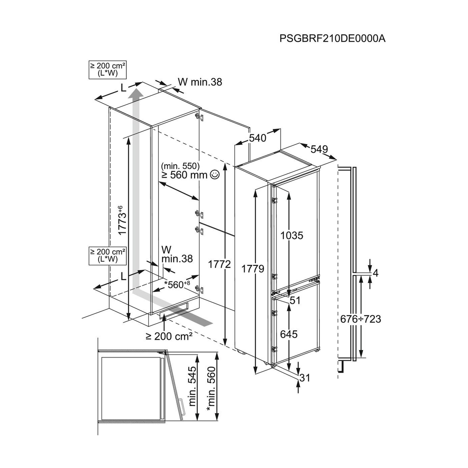 Disegno tecnico di un frigorifero con dimensioni e requisiti di ventilazione.