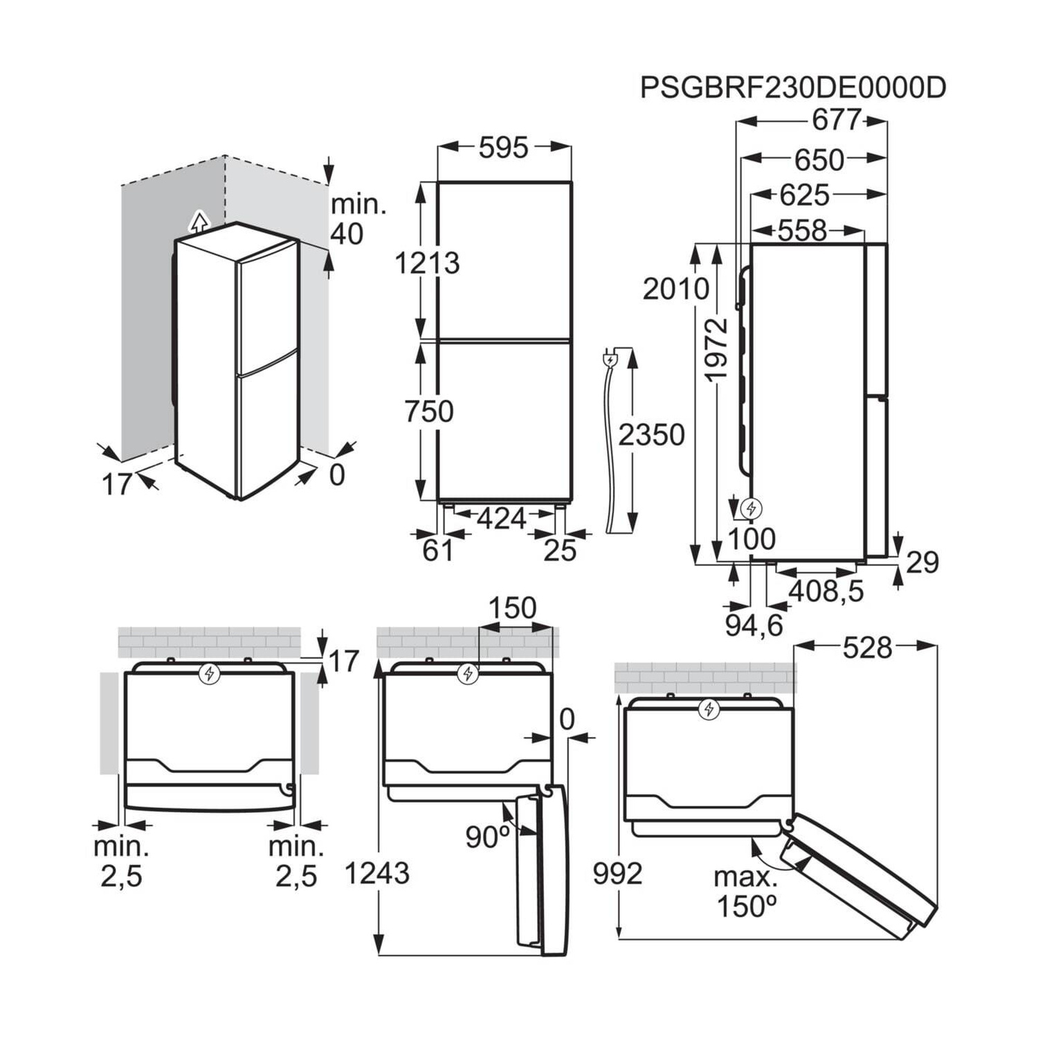 Disegno tecnico di un frigorifero con dimensioni e dettagli di installazione.