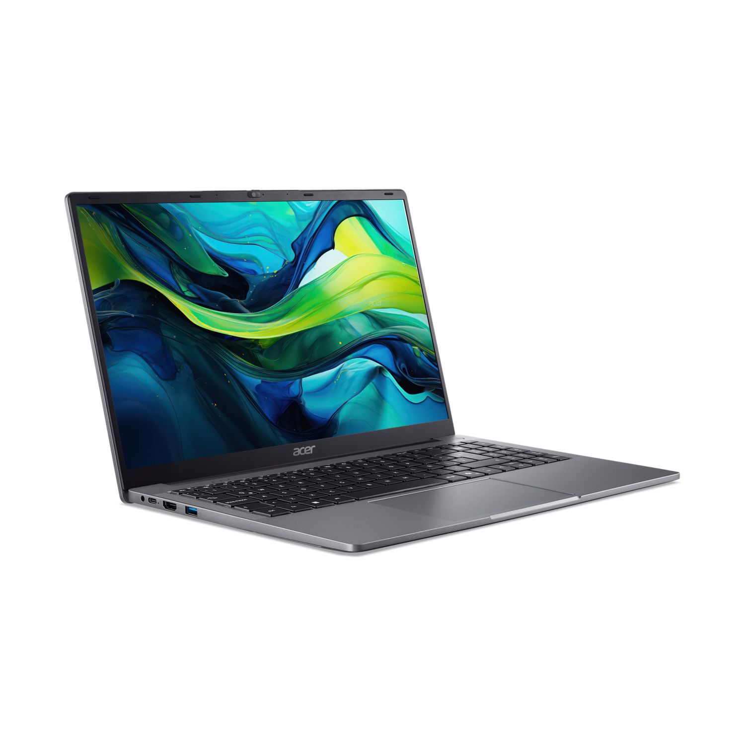 Laptop Acer grigio con sfondo astratto. Vista aperta.