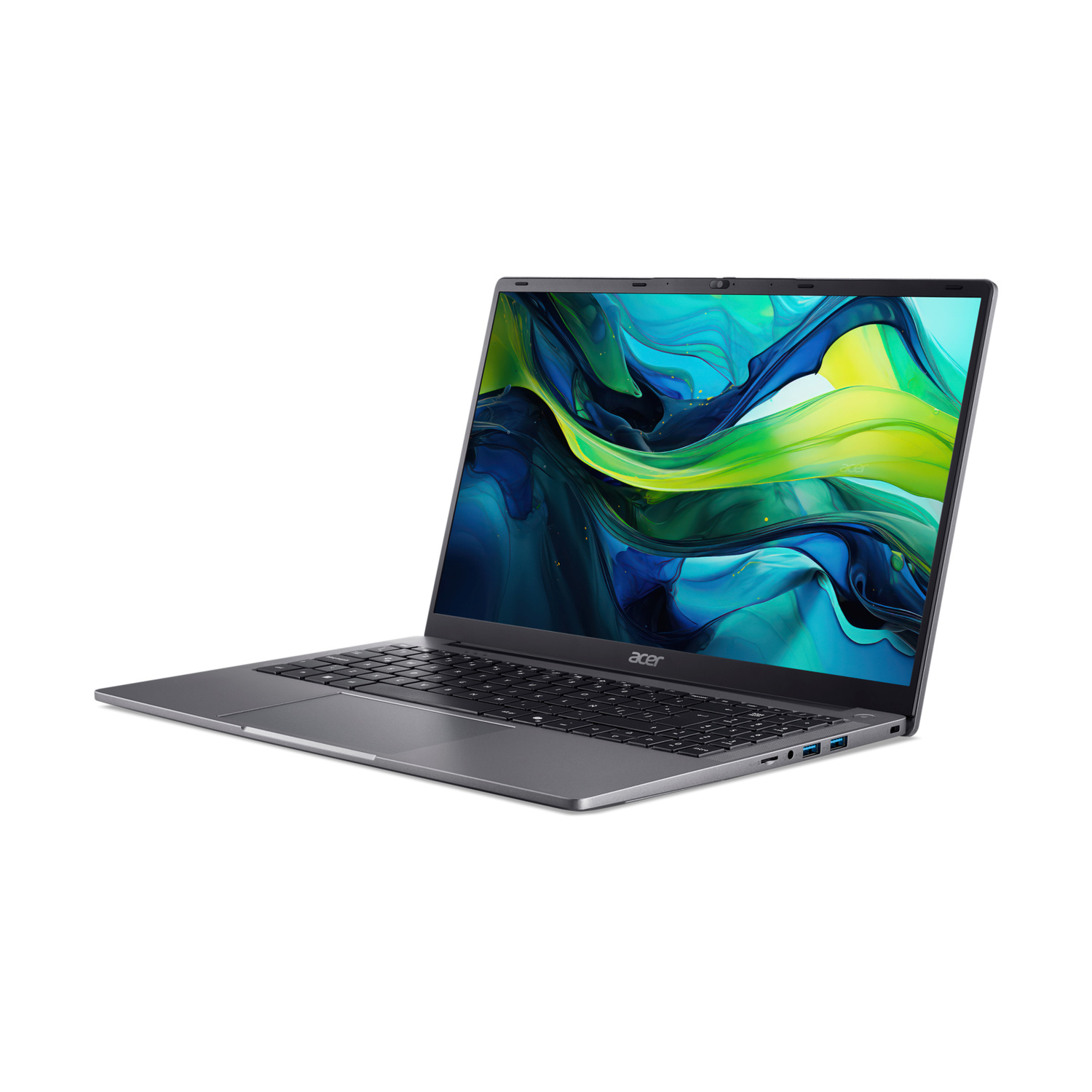 Un laptop Acer grigio con uno sfondo blu e verde su sfondo bianco.