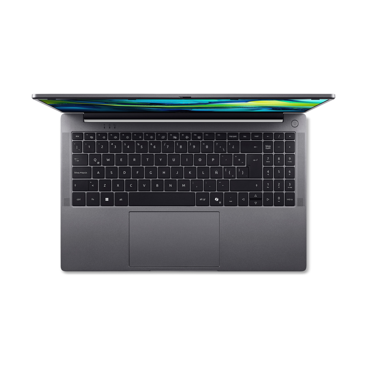 Un laptop grigio scuro con lo schermo aperto, che mostra uno sfondo astratto colorato. Vista dall'alto.