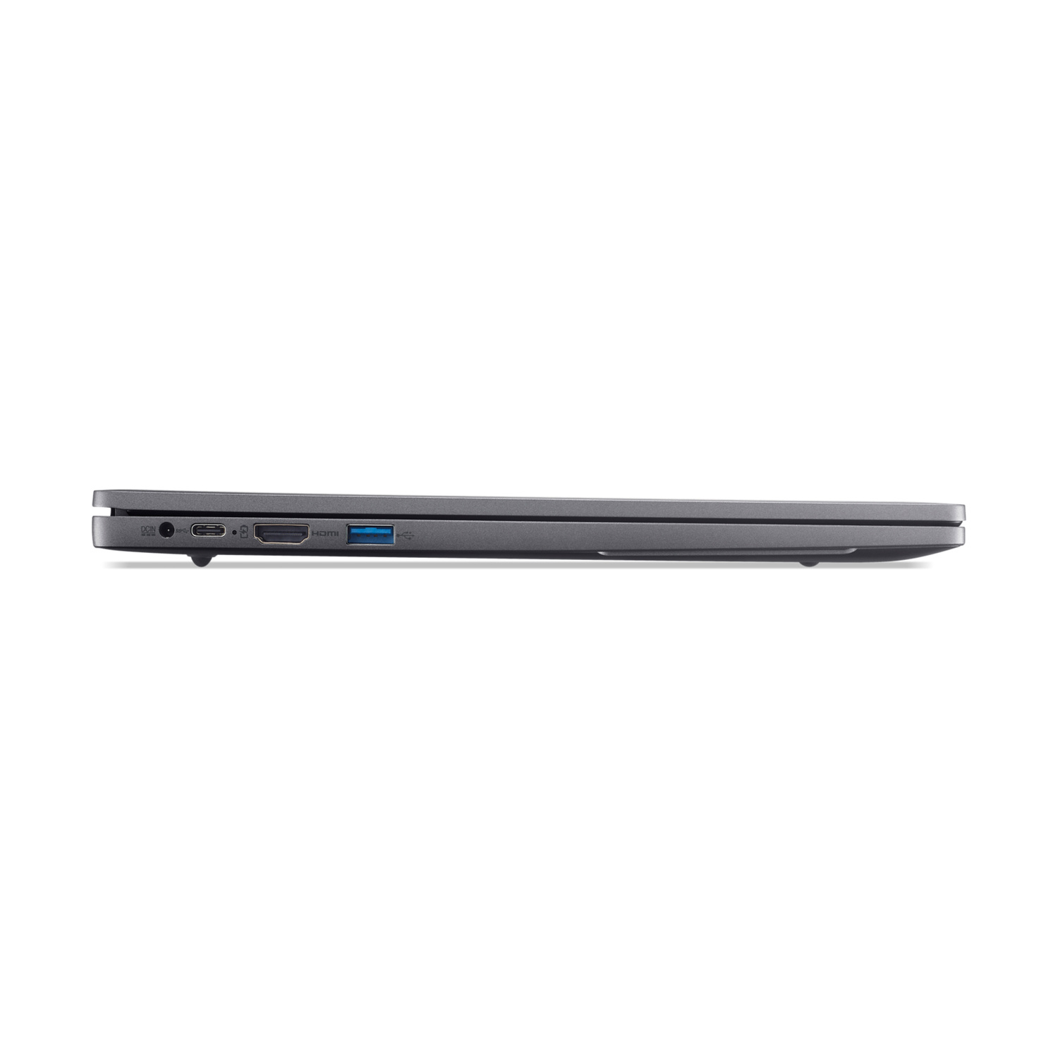 Vista laterale di un laptop grigio chiuso con porte: DCIN, USB-C, HDMI, USB-A.