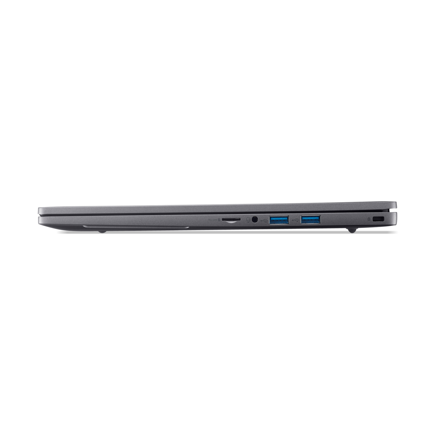 Profilo laptop grigio con porte: MicroSD, cuffie, 2x USB-A, USB-C.