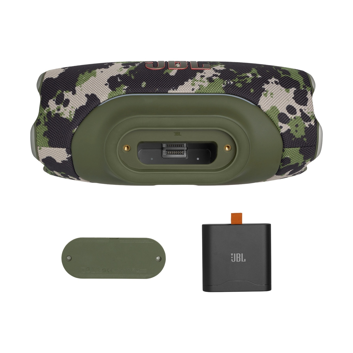 Altoparlante mimetico portatile con scatola di ricarica e coperchio.