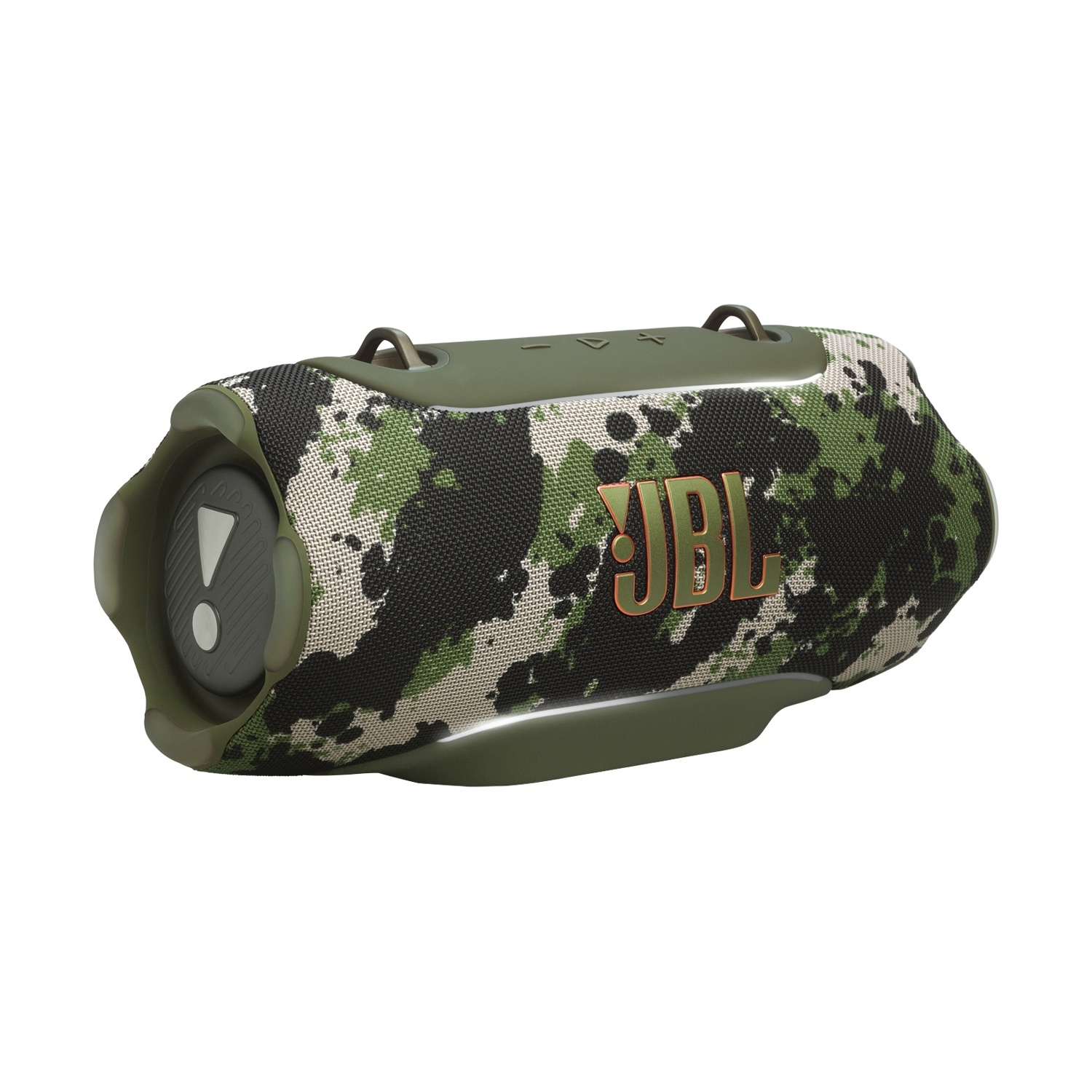 Cassa portatile JBL mimetica verde con logo JBL arancione su sfondo bianco.