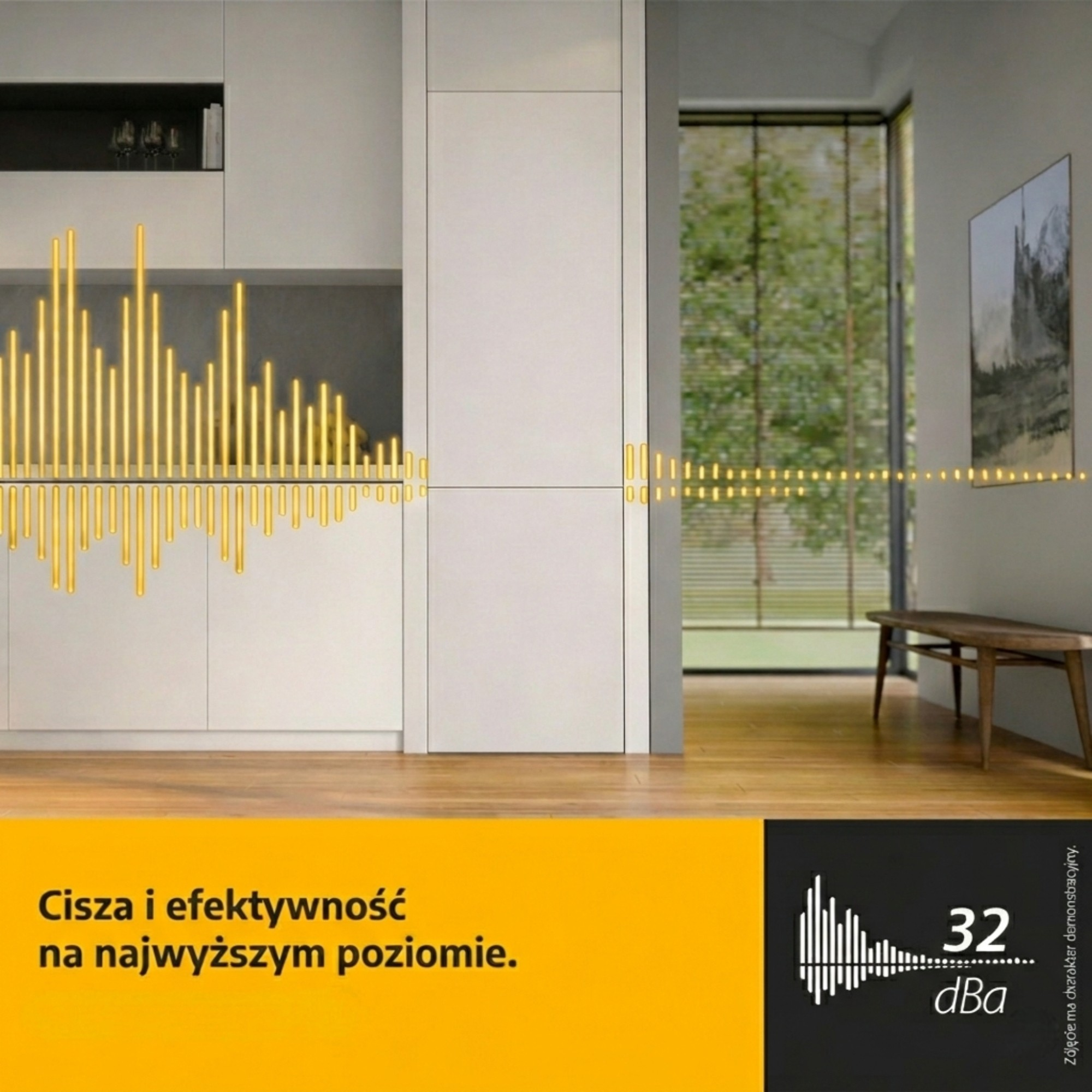 Nowoczesna kuchnia ze świecącymi żółtymi falami i drewnianą ławką przy oknie.