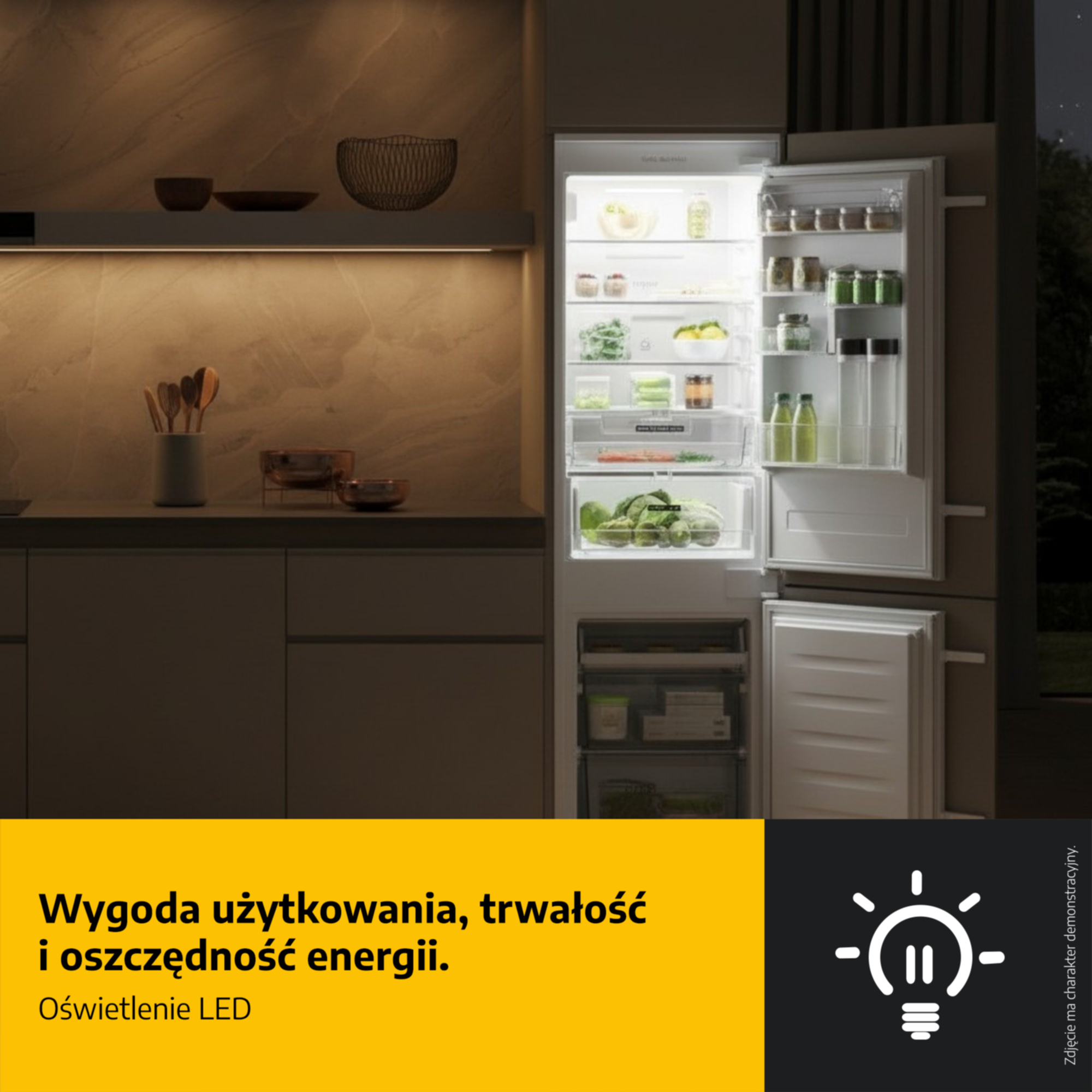 Oświetlona lodówka z przyborami kuchennymi obok.