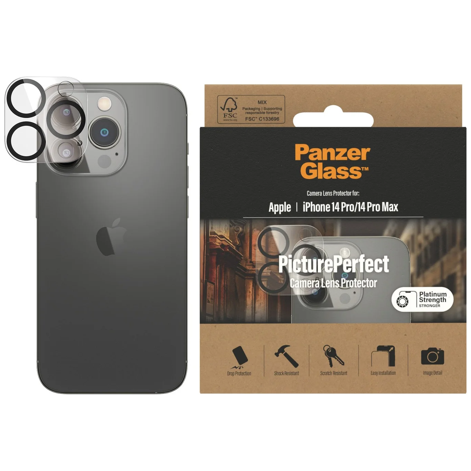 Een PanzerGlass cameralensprotector voor iPhone 14 Pro/Pro Max getoond op een telefoon.
