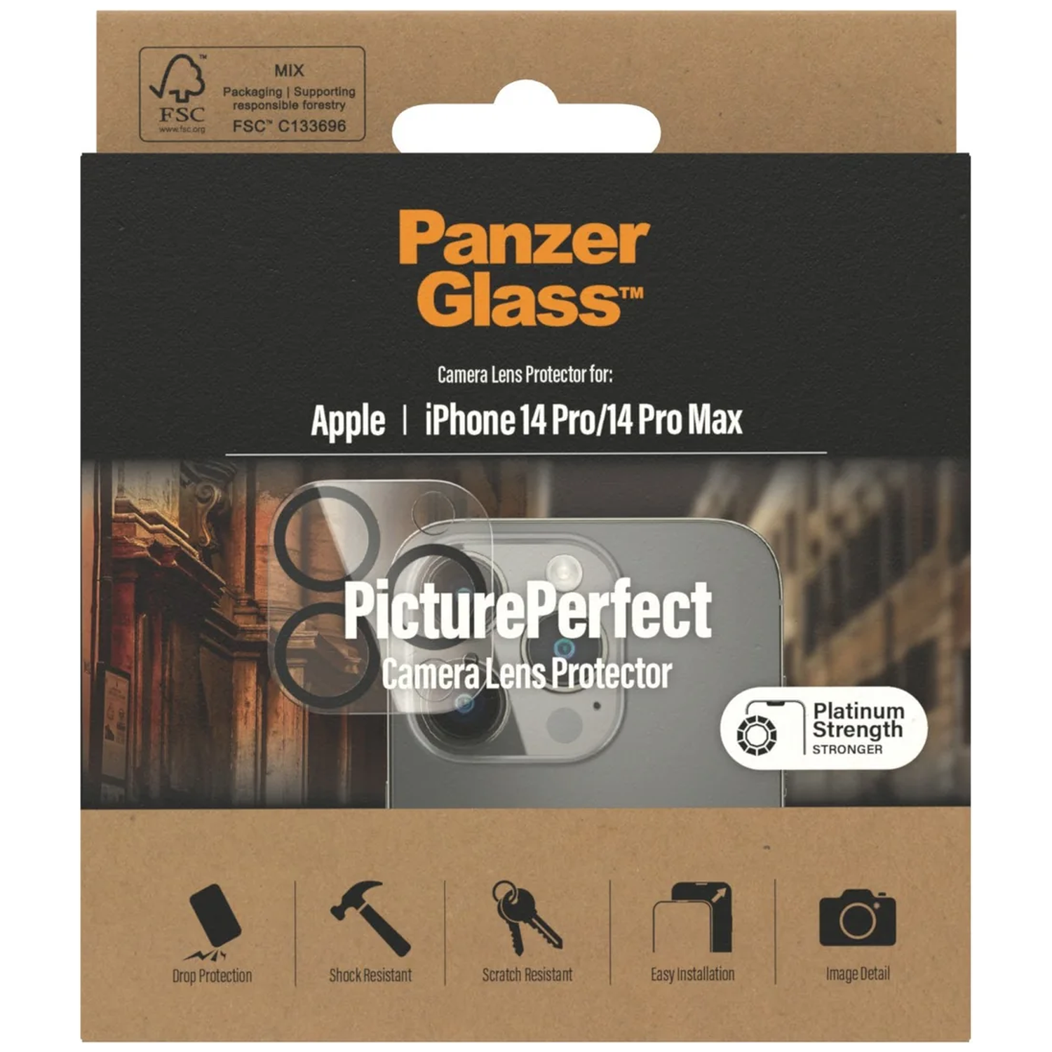 Panzer Glass cameralensbeschermer voor iPhone 14 Pro/Max. Met beschermingspictogrammen.