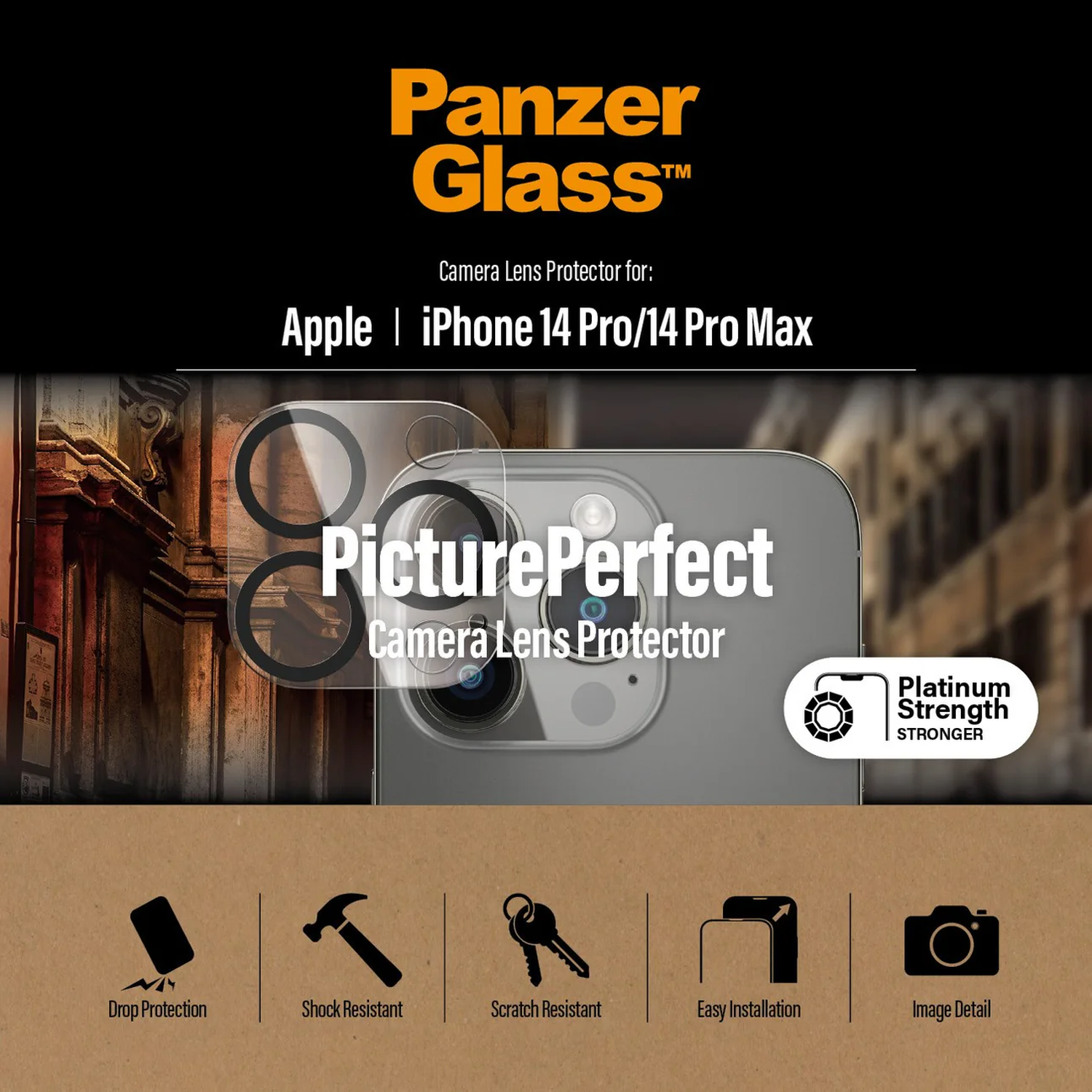 Panzer Glass cameralens protector voor iPhone 14 Pro met iconen.