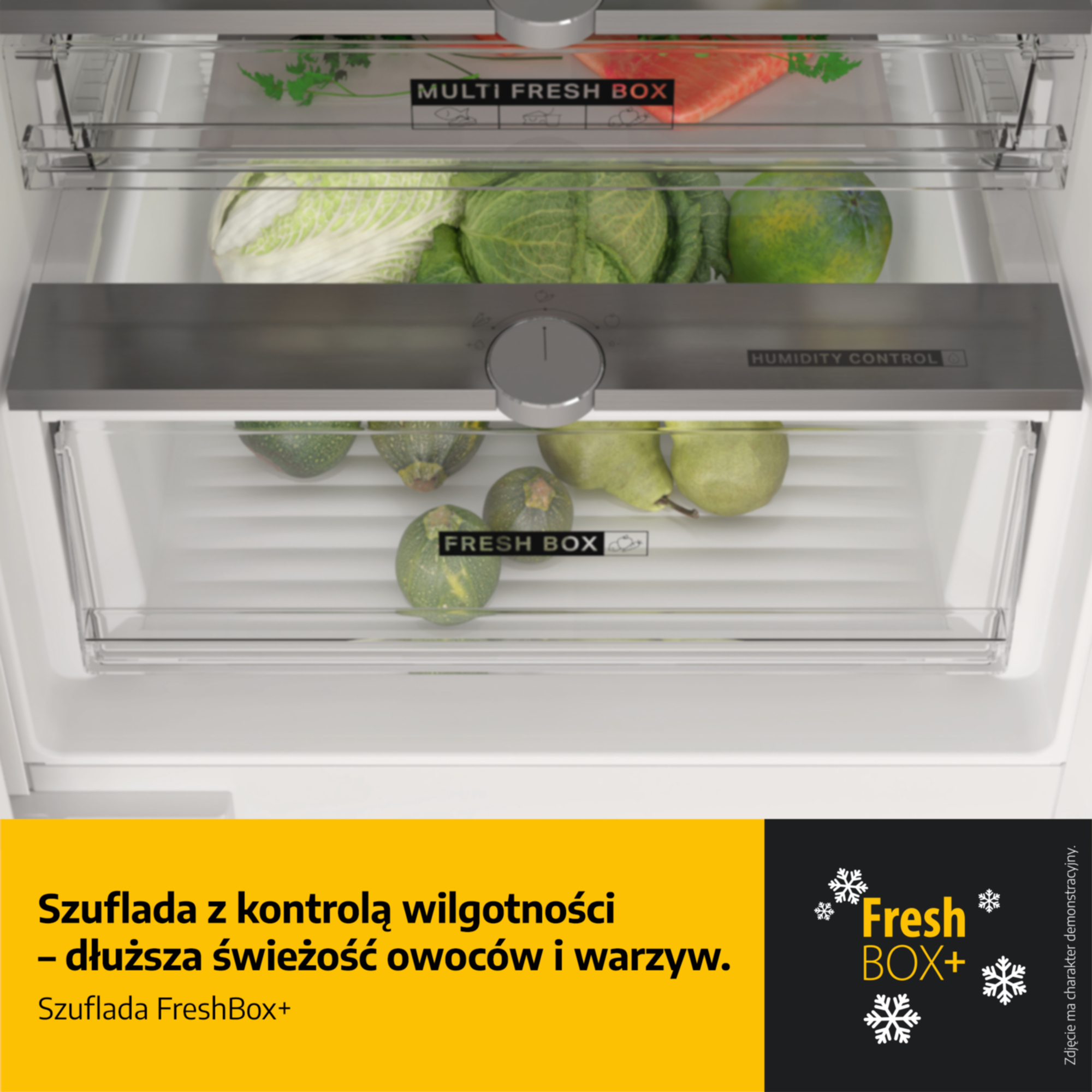 Szuflada lodówki z kontrolą wilgotności z owocami i warzywami.