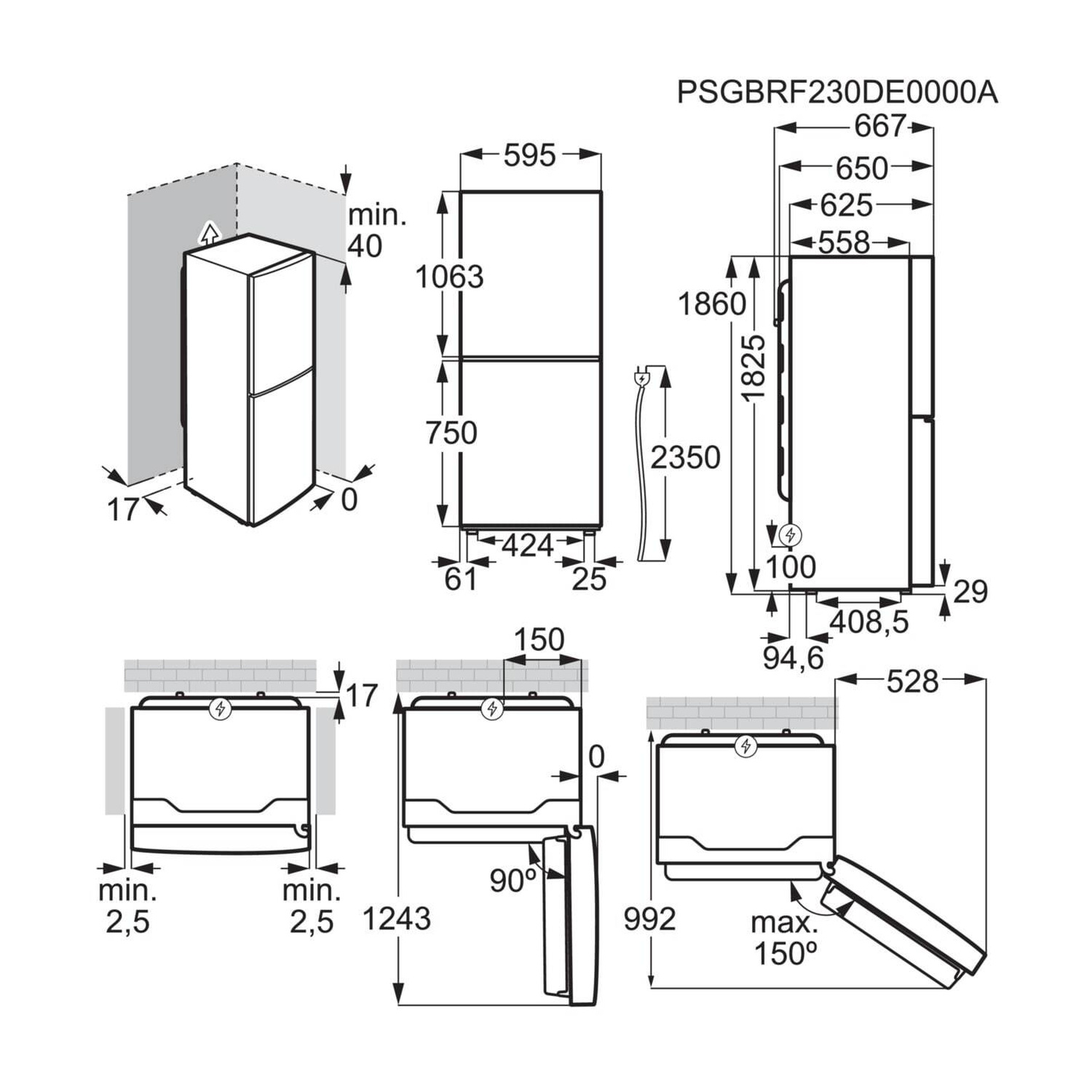 Disegno tecnico di un frigorifero con dimensioni e viste.