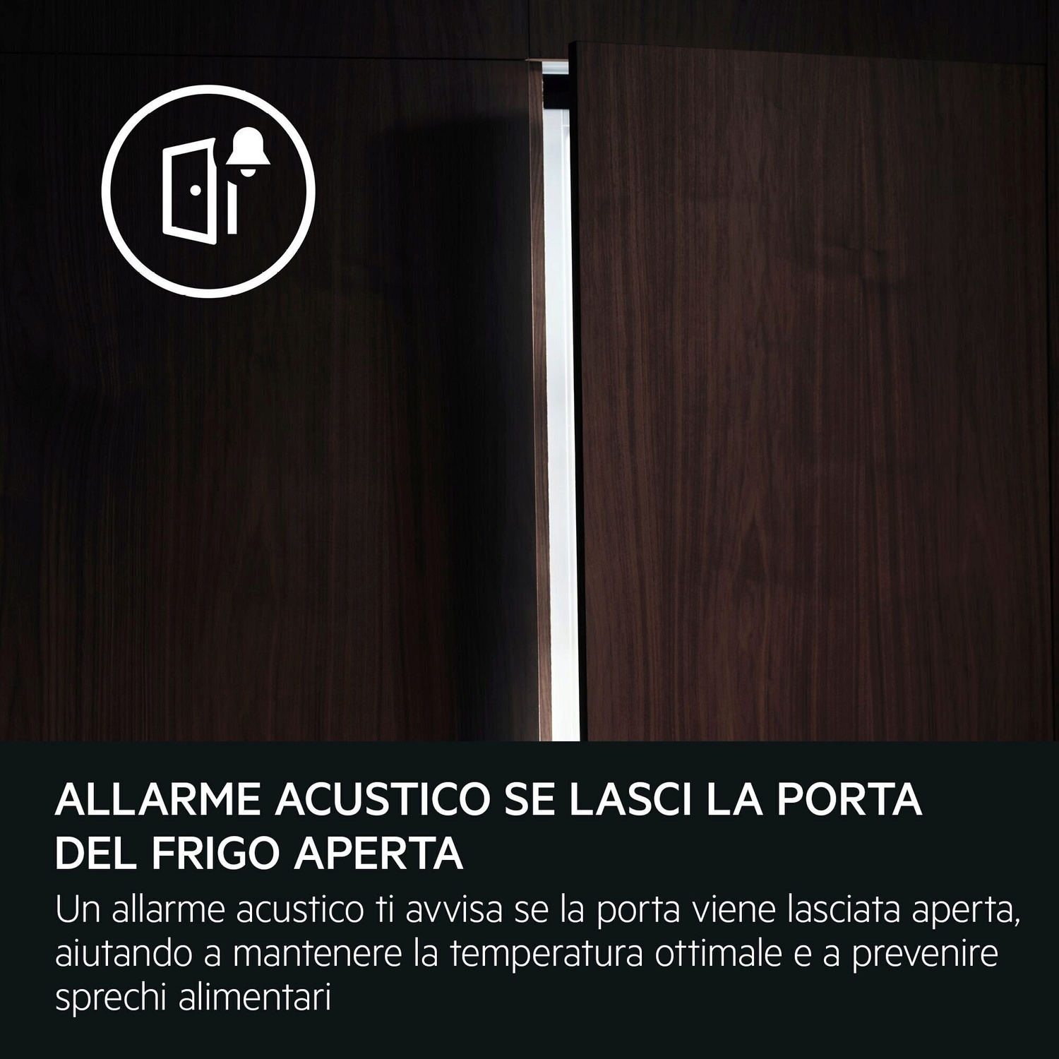 Icona di porta aperta e campana. Superficie in legno scuro.