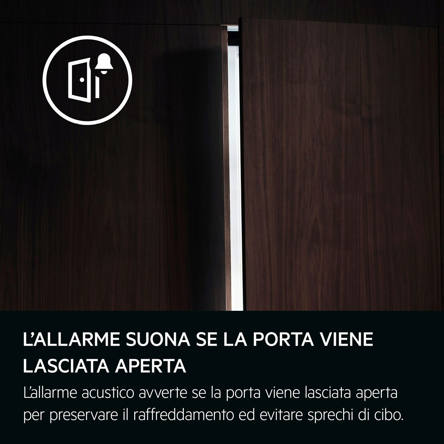 Icona di una porta aperta con campanello. Porta in legno scuro con striscia bianca.