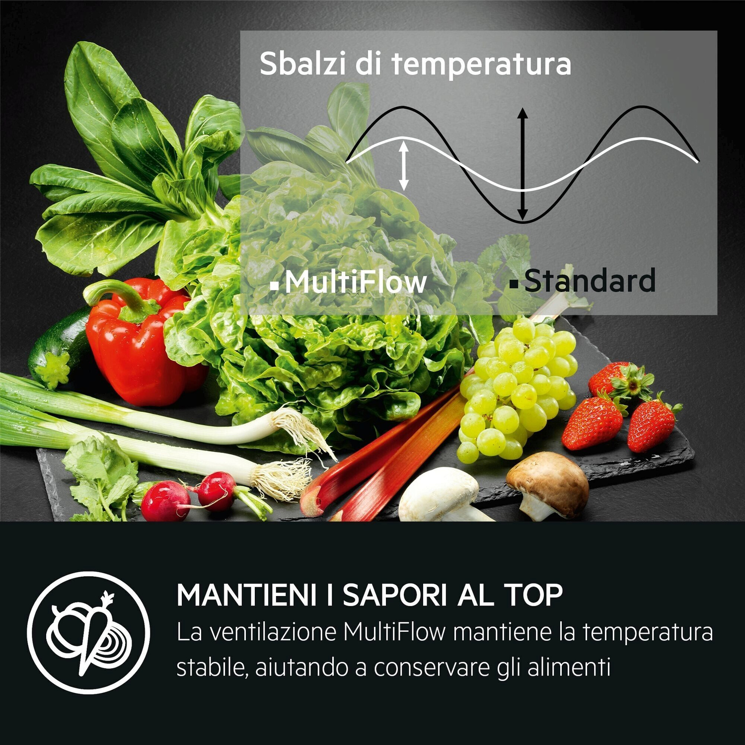 Verdure e frutta fresca su sfondo nero, con grafici di temperatura.