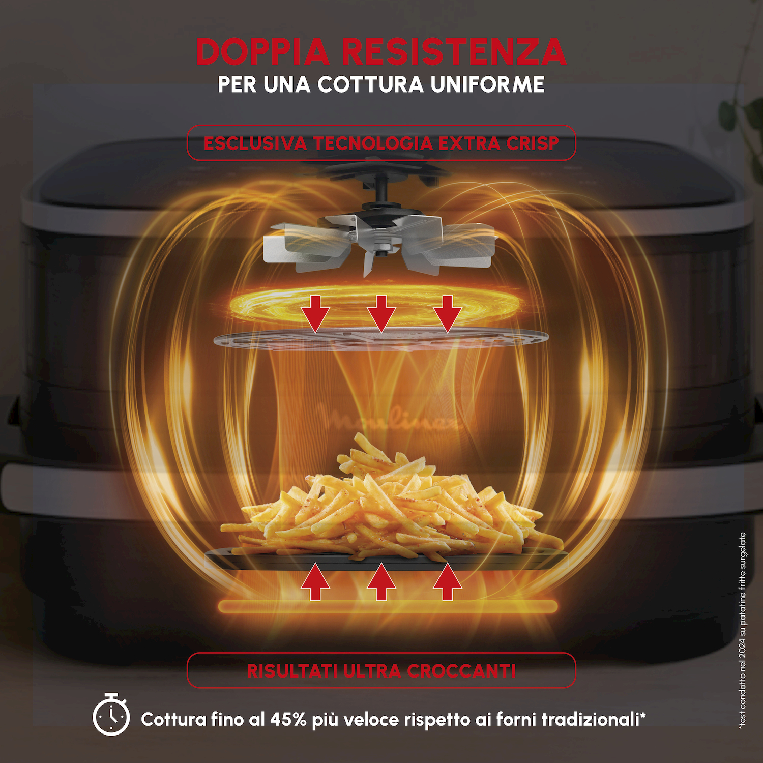 Friteuse ad aria con patatine fritte, tecnologia per cottura uniforme.