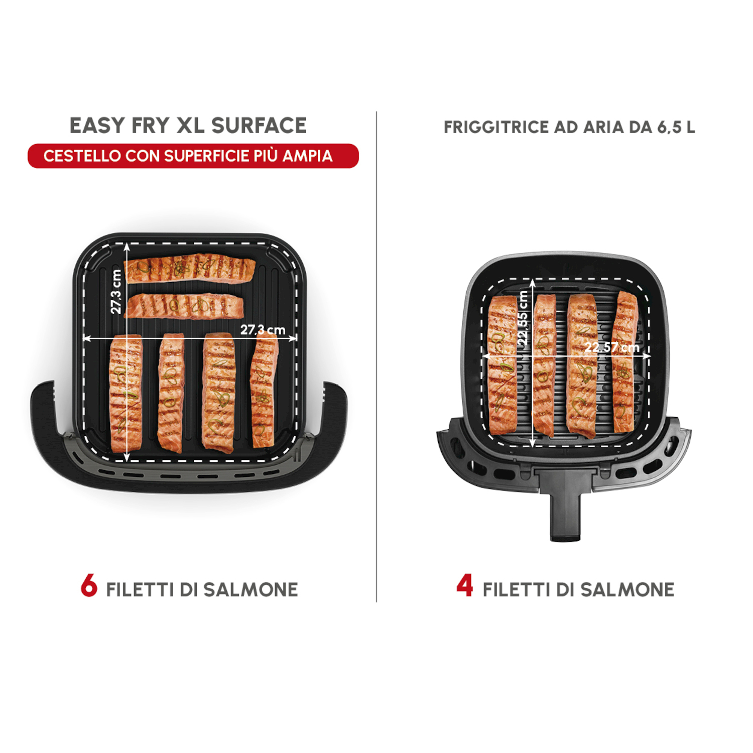 Due cestelli friggitrice ad aria: uno con 6 filetti di salmone, l'altro con 4.