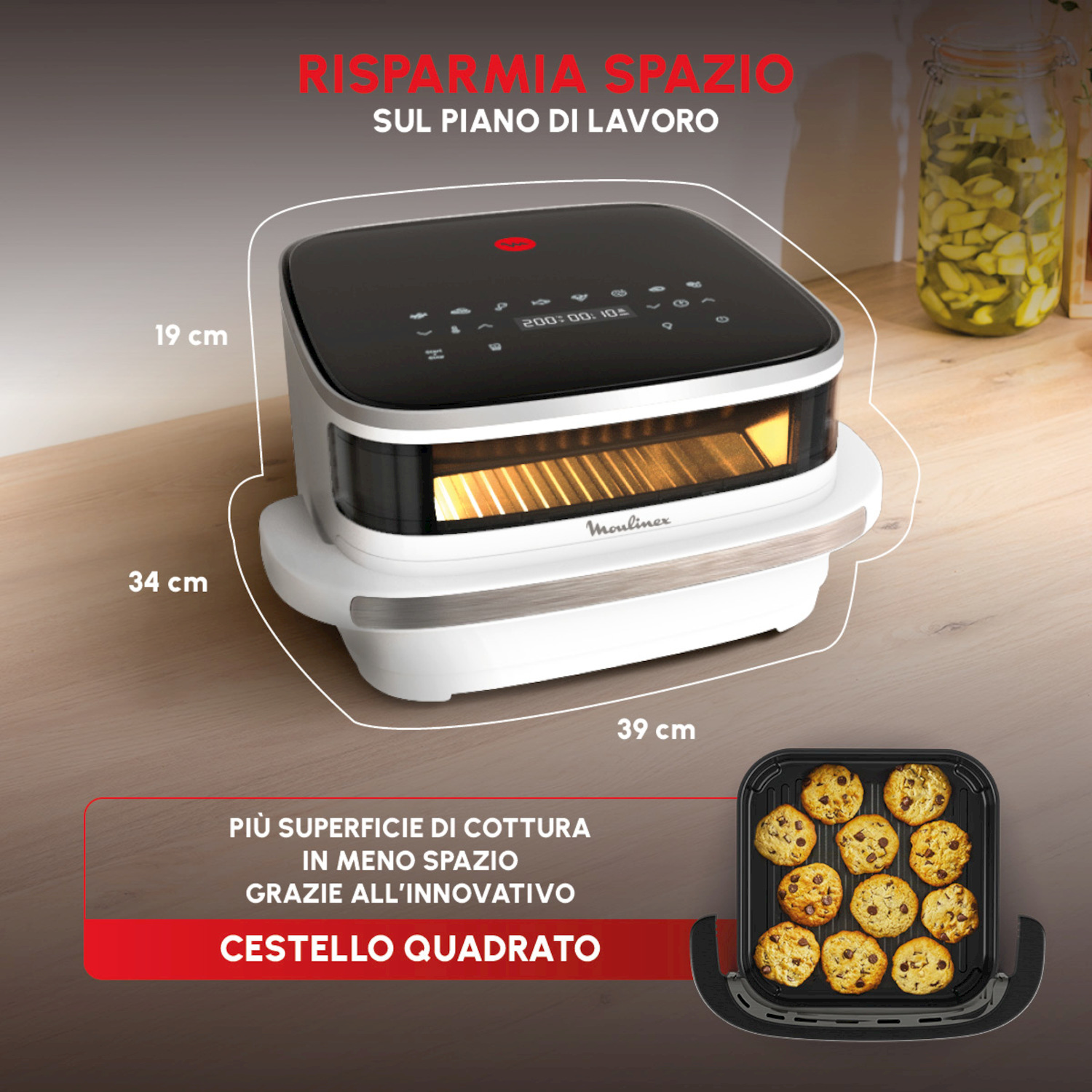 Un forno friggitrice ad aria compatto, 19x34x39 cm, con cestello pieno di biscotti.