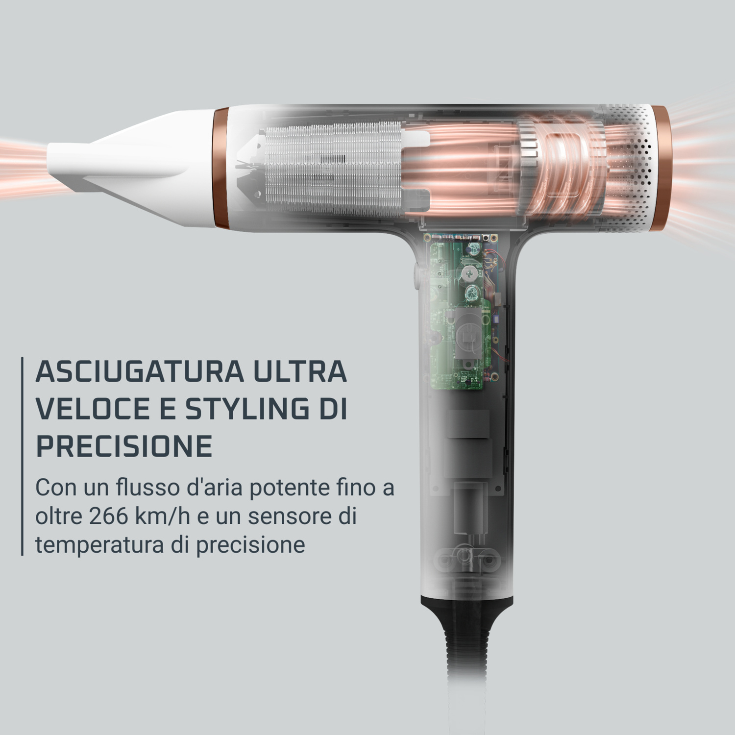 Un modello trasparente di asciugacapelli che mostra bobine di rame ed elettronica interna.