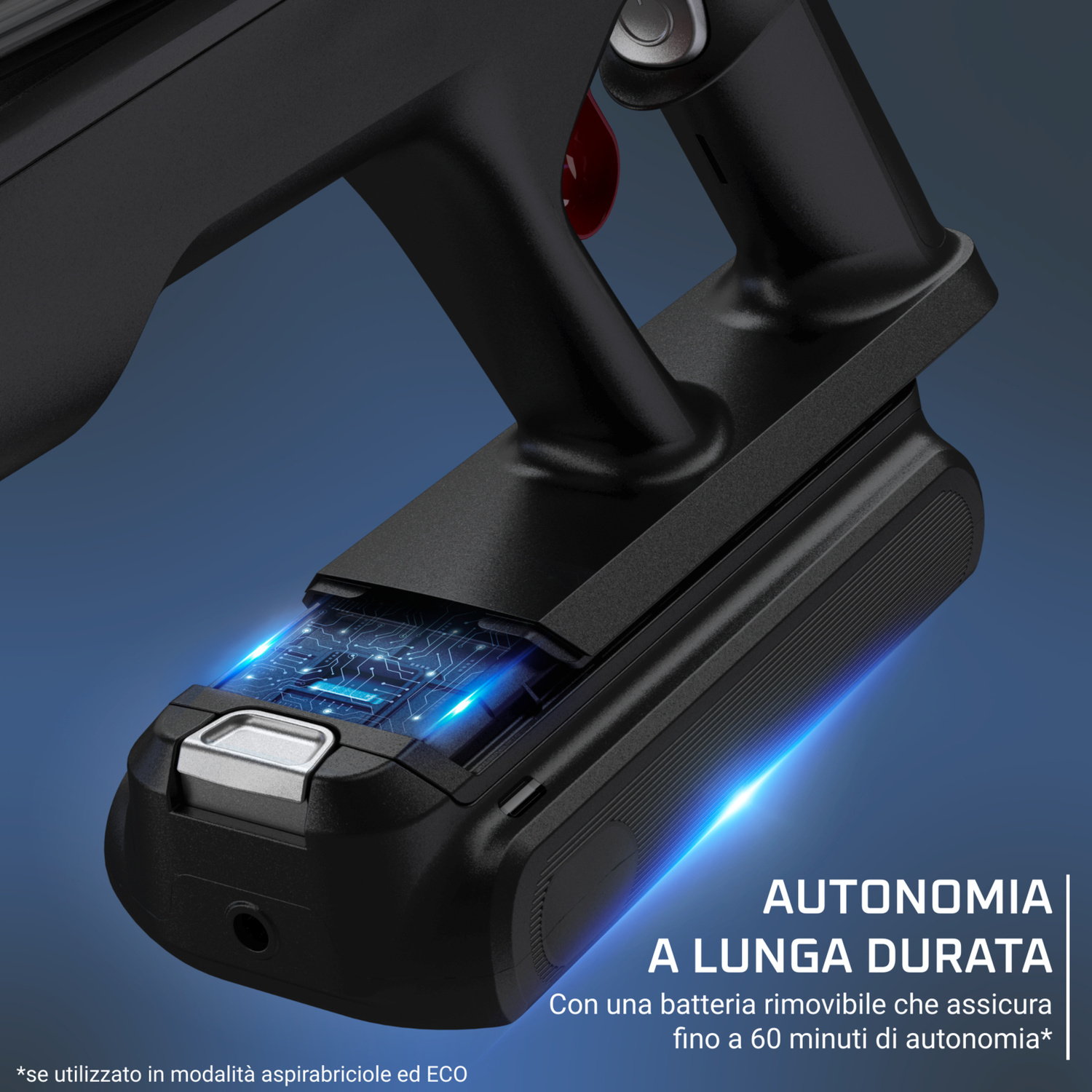 Batteria nera con circuito luminoso, lunga durata.