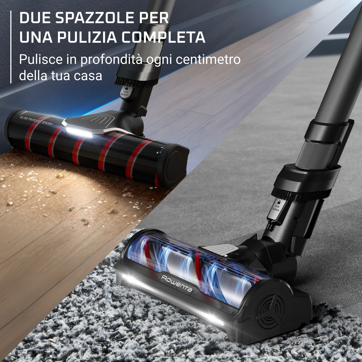 Una spazzola per aspirapolvere pulisce legno e tappeto. Mostra due spazzole.