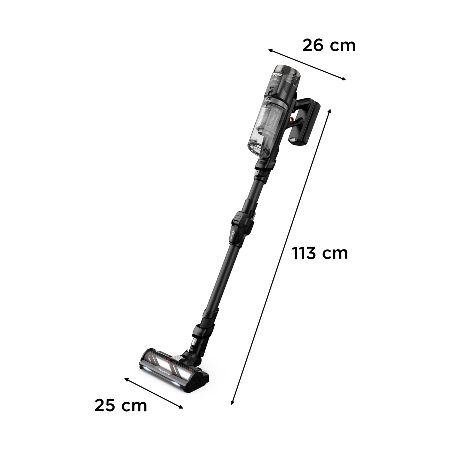 Aspirapolvere nero senza fili con display e accessori, lungo 113 cm.