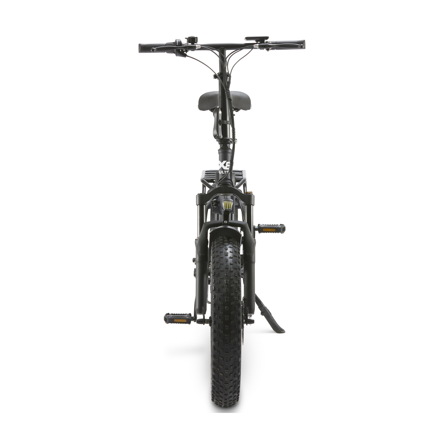 Bicicletta elettrica nera frontale con pneumatici larghi e sospensioni.