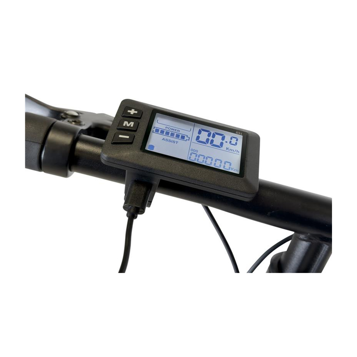 Un computer per bicicletta con connessione via cavo e schermo LCD che mostra velocità e potenza.