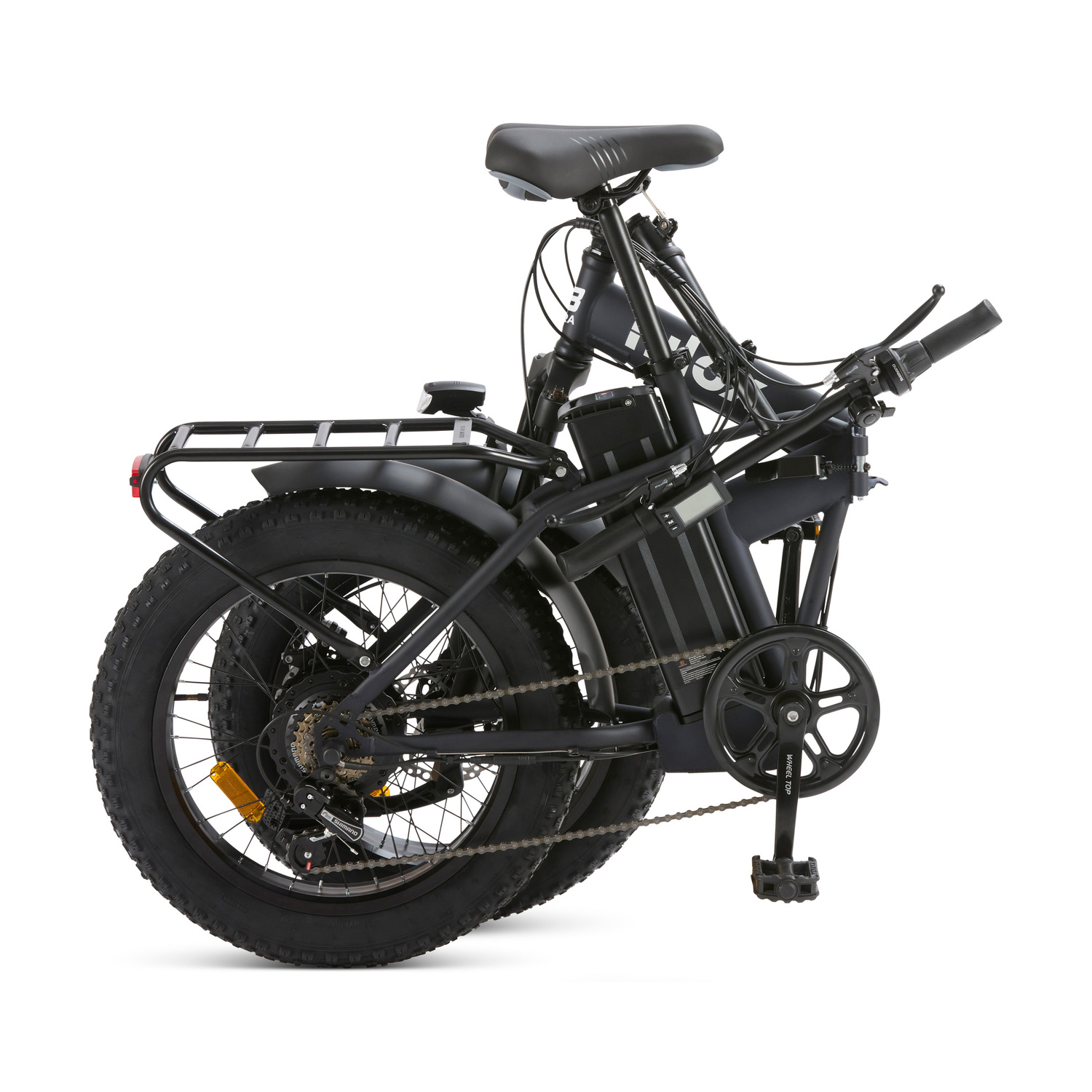 Una bicicletta elettrica pieghevole nera con pneumatici larghi, portapacchi posteriore e batteria.