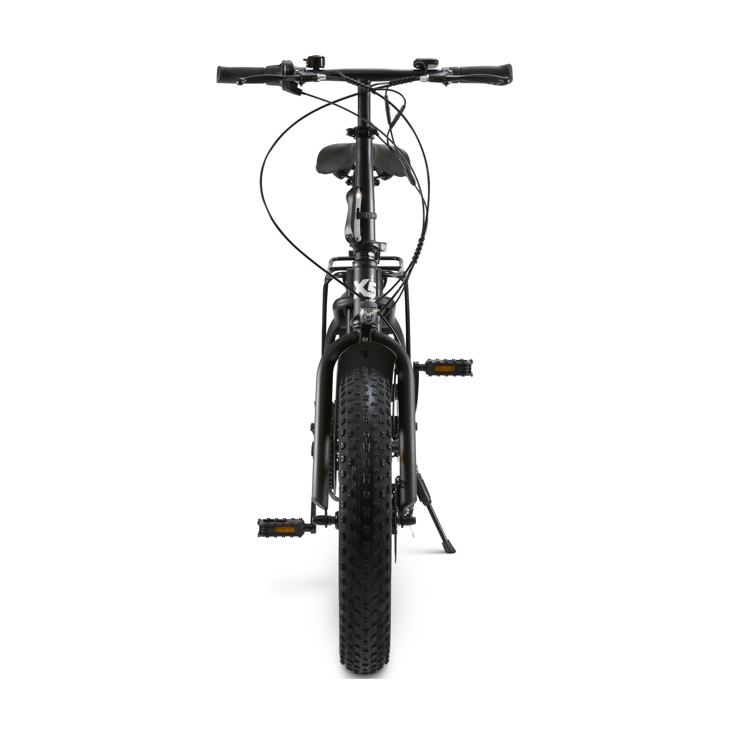 Bicicletta pieghevole nera con ruote grasse, vista frontale su sfondo bianco.