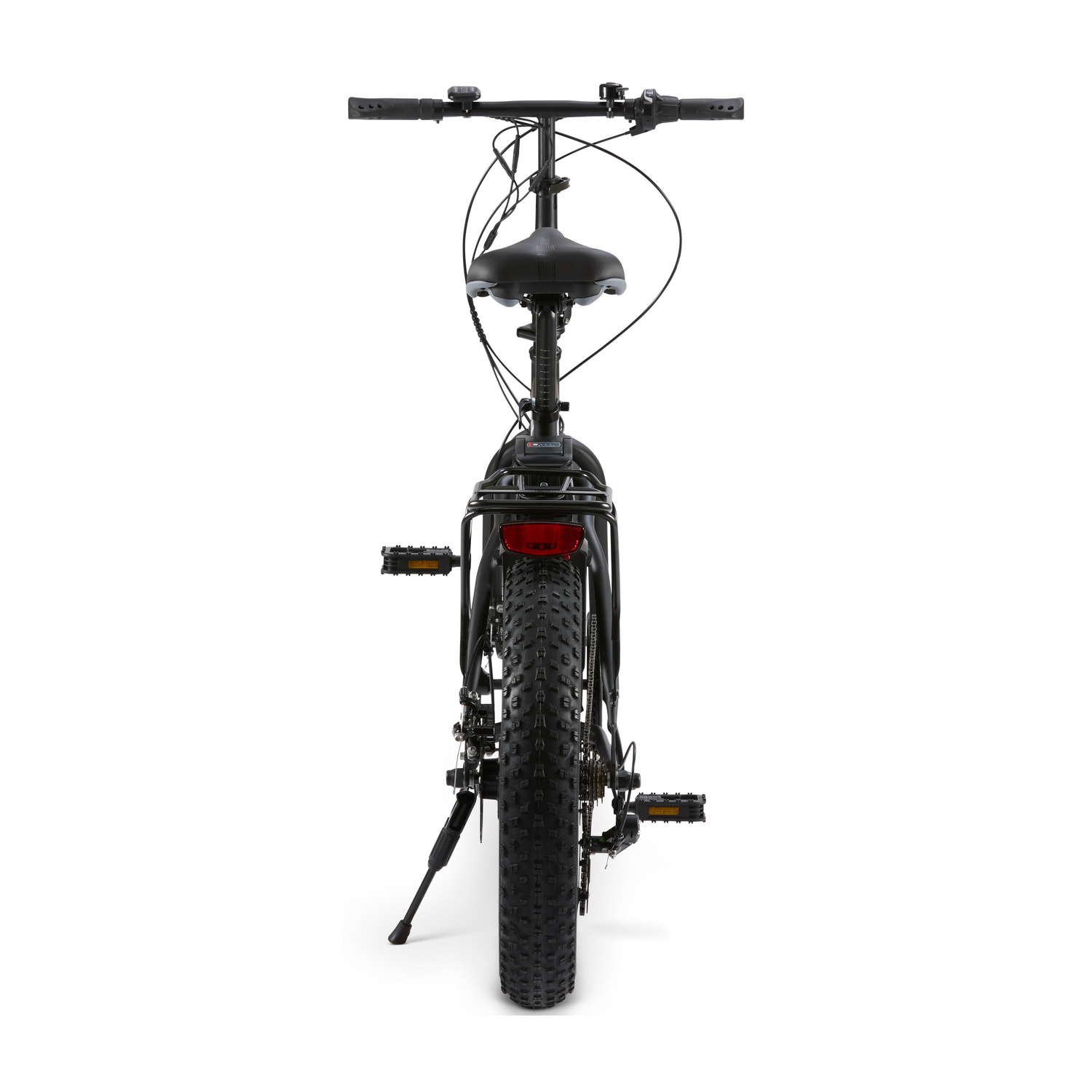 Vista posteriore di una e-bike nera con pneumatici larghi e portapacchi.