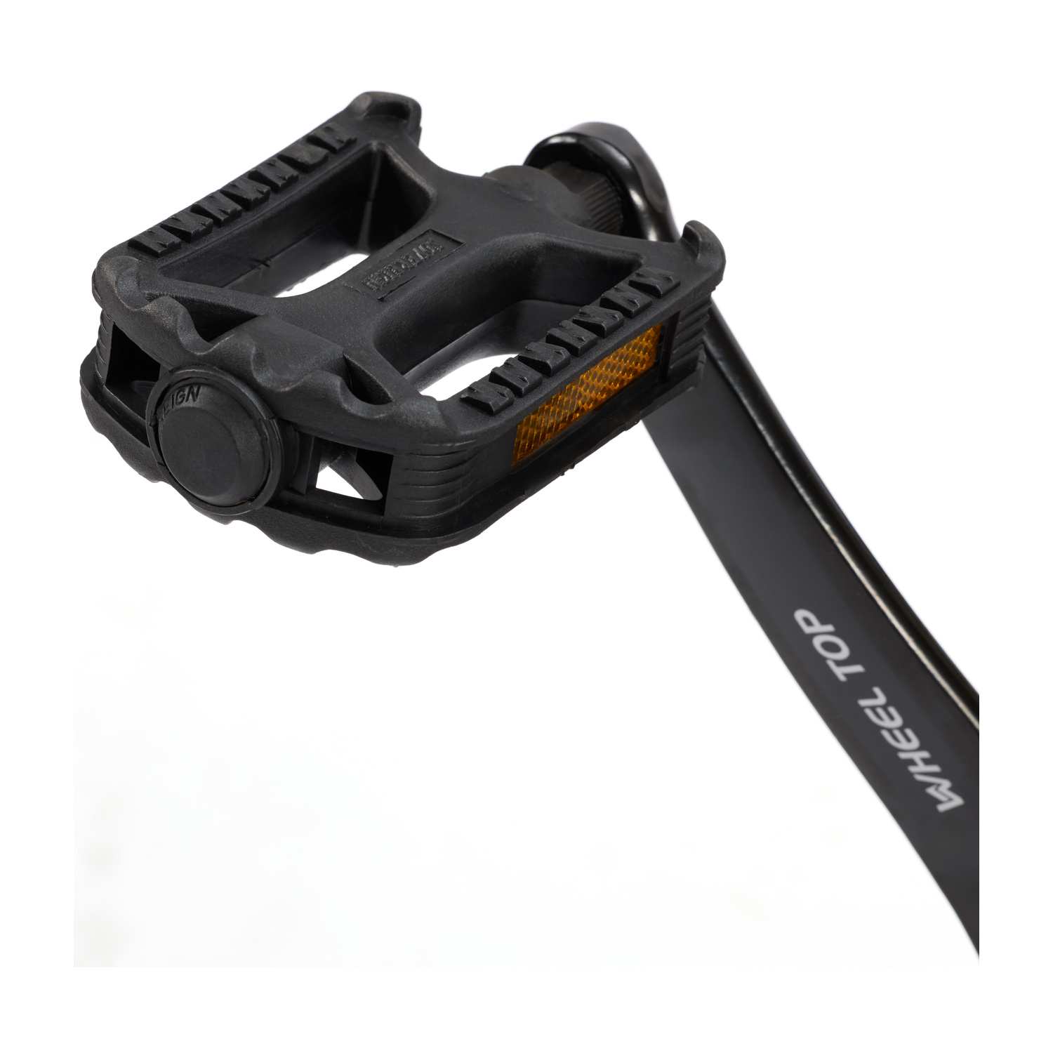 Pedale per bicicletta nero con riflettore e pedivella con scritta WHEEL TOP.