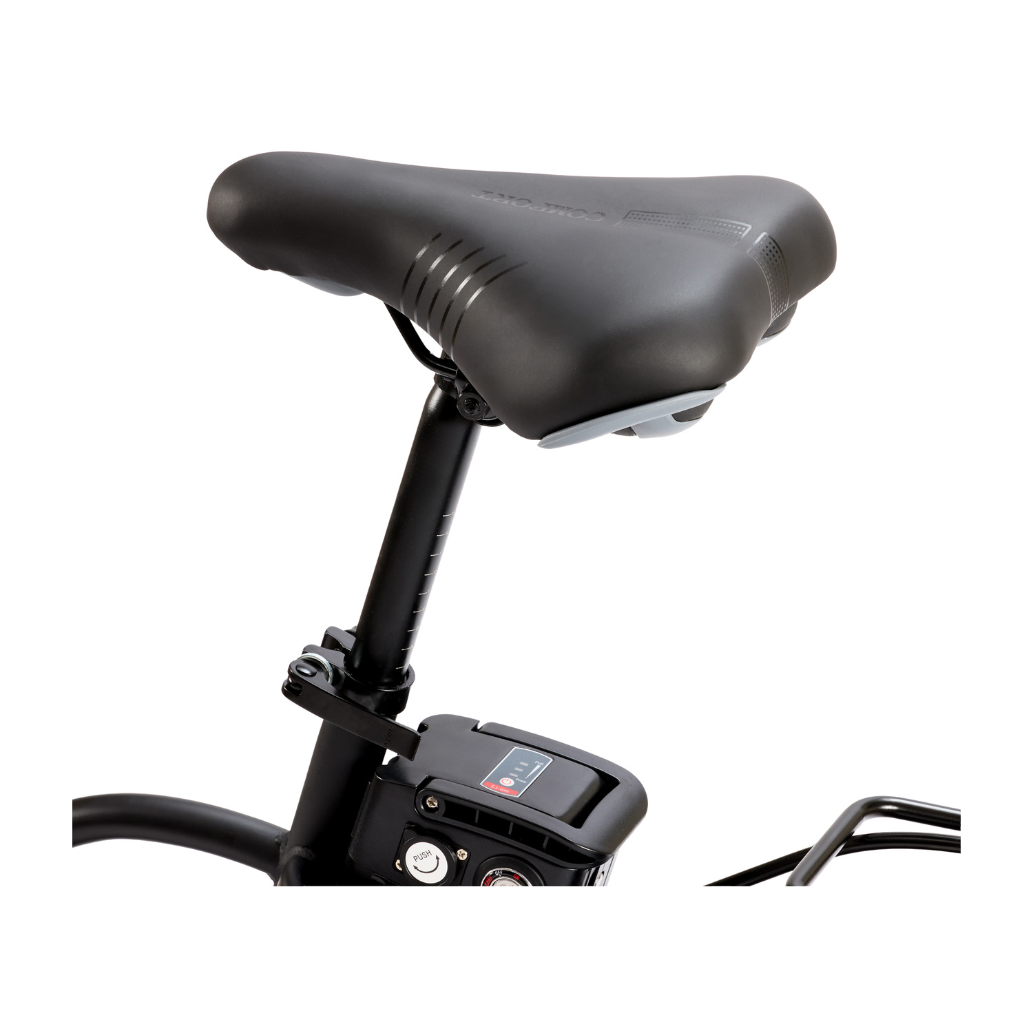 Primo piano della sella nera della bicicletta e dell'unità di controllo con pulsanti.